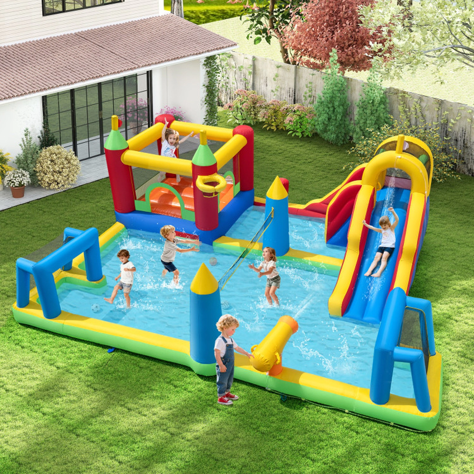 SUGIFT 9-in-1 Inflatable Bounce House Castle with Water Slide Boxing Area Volleyball Net and 780W Blower