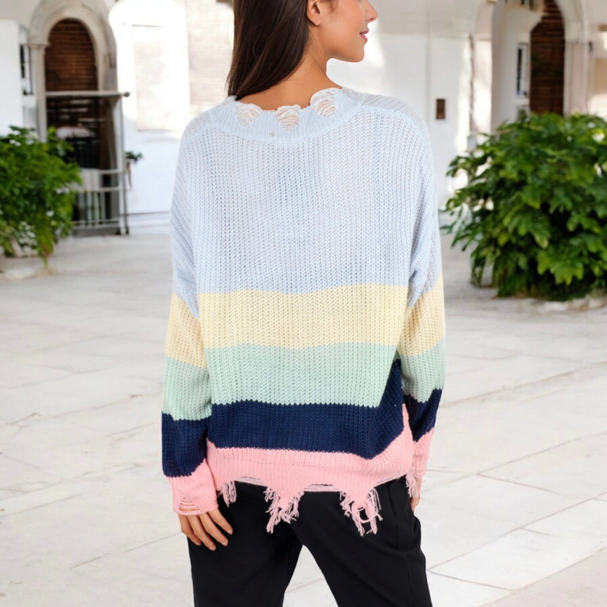 Anna-Kaci Women's Distressed Knit Sweater V-Neck Striped Pattern for Casual Everyday Layering