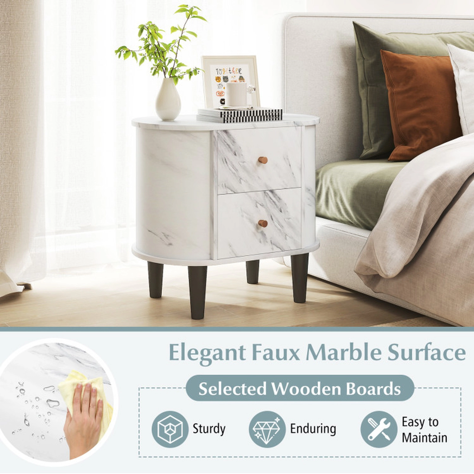 SUGIFT Modern Faux Marble 2-Drawer Nightstand Bedside Table 44-lb Tabletop Capacity 23.5 x 16 x 22 in White