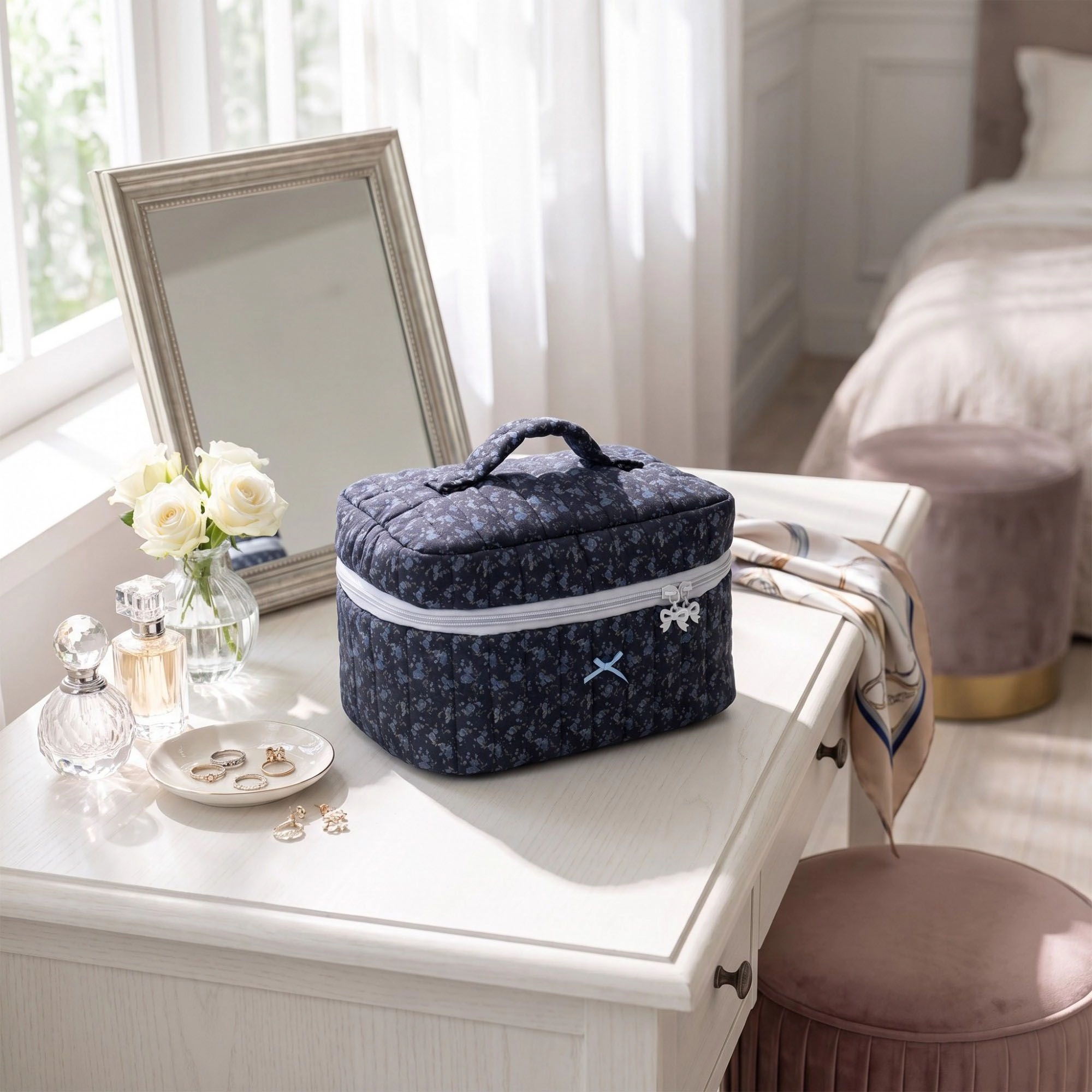 Alilang Women Quilted Floral Cosmetic Makeup Bag with Top Handle and Zip Closure