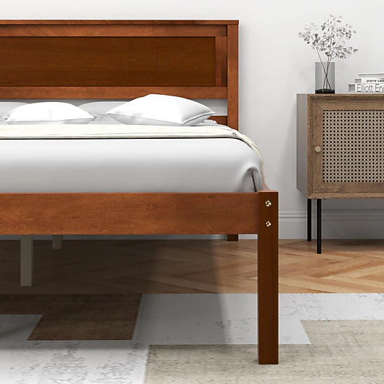 SUGIFT Full Platform Bed Frame, Walnut Wood Headboard, 16-Inch Footboard