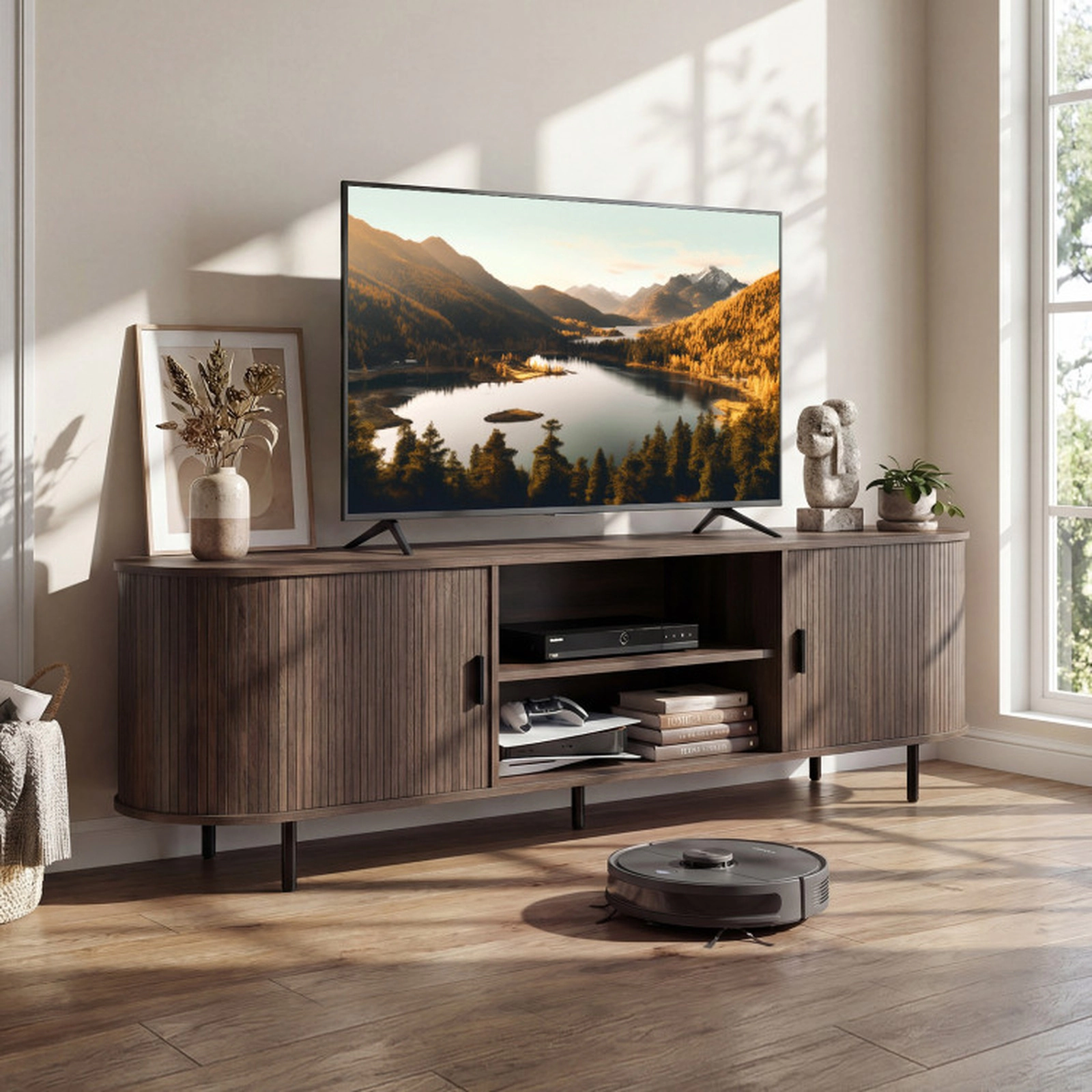 SUGIFT Fluted Sliding Doors Modern Media Console TV Stand 71-in x 16-in x 21.5-in 165-lb Capacity 80-in TV Walnut