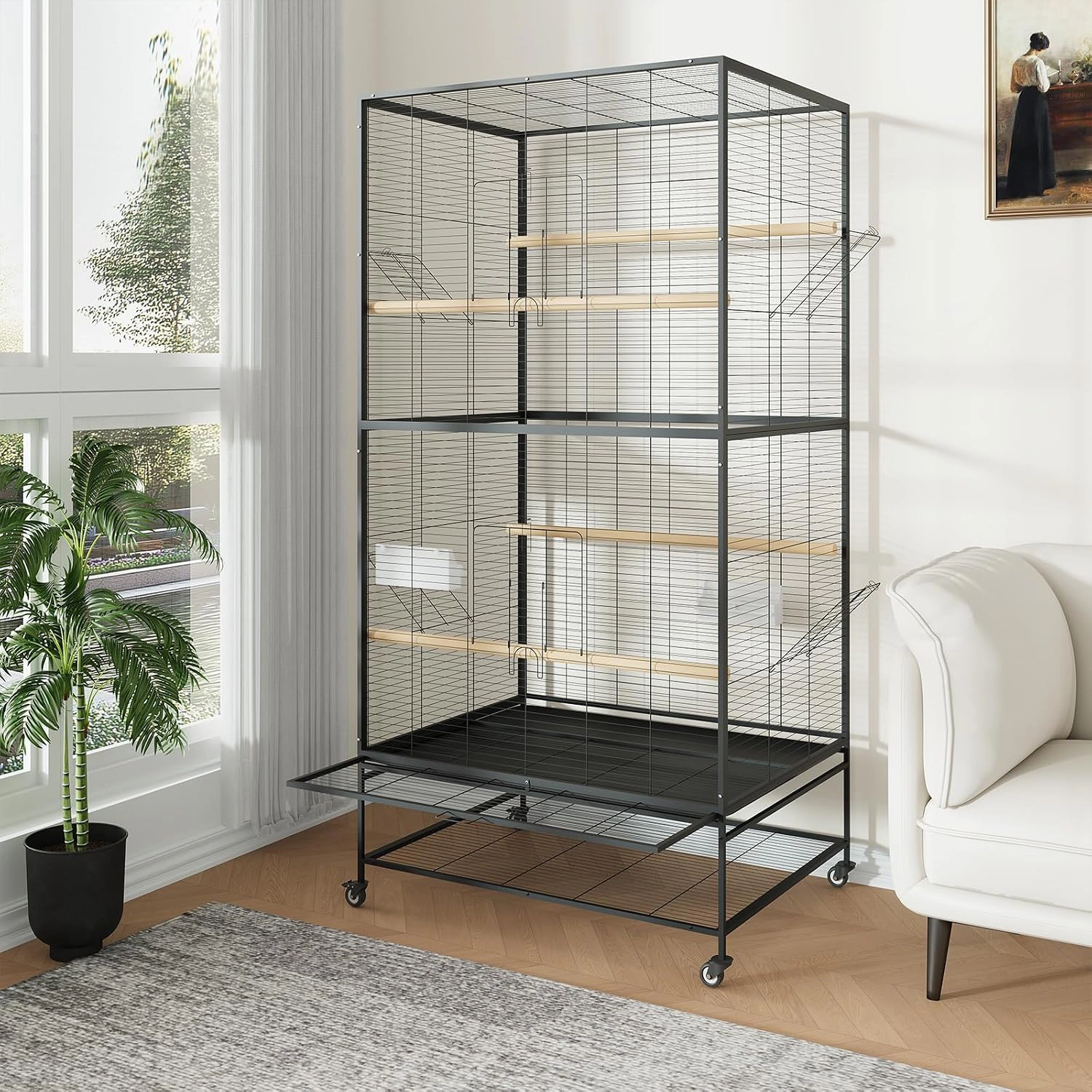 66-Inch Flat-Top Wrought-Iron Parrot Bird Cage, Rolling-Stand Large Pet Aviary for Parakeets