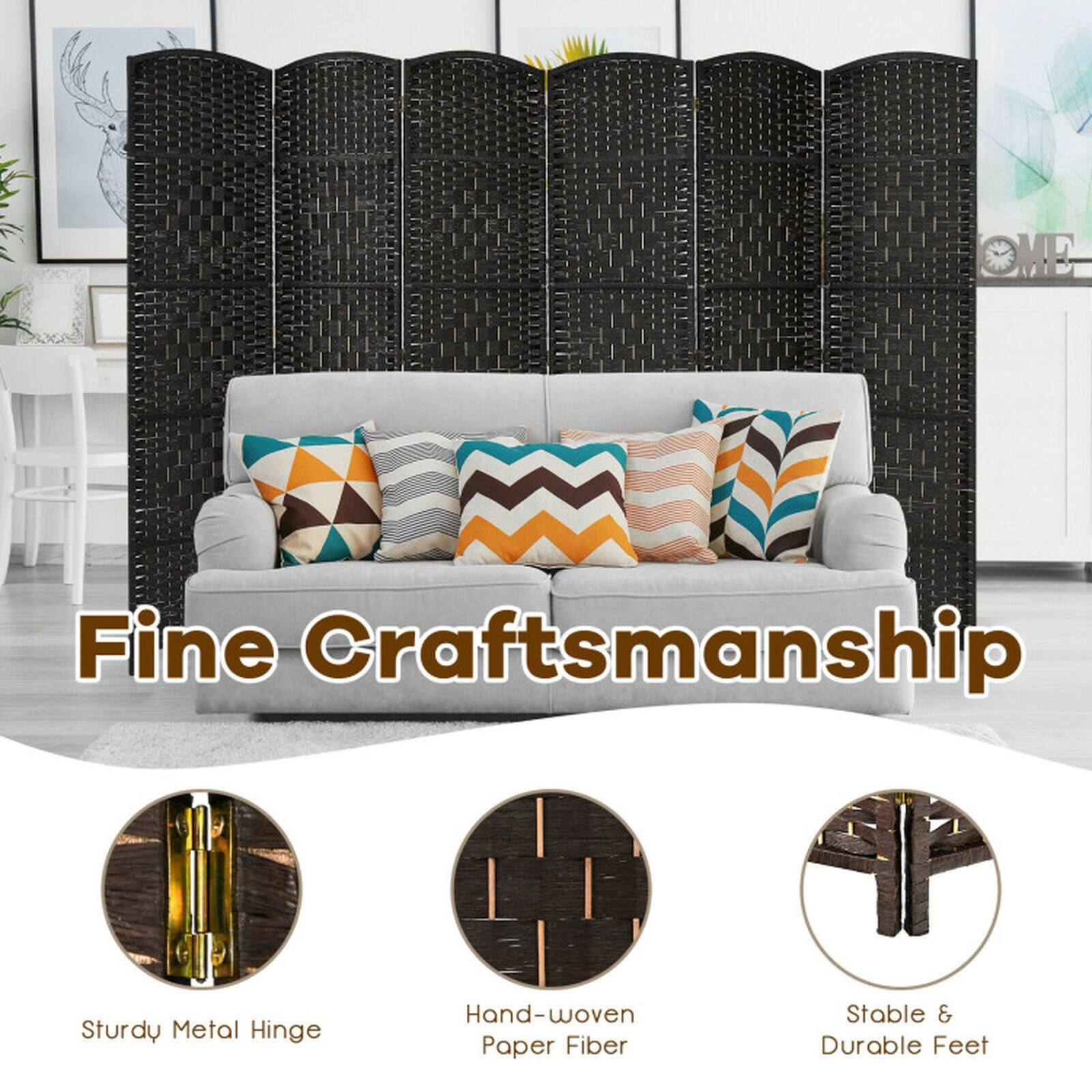 SUGIFT Handwoven Paper Fiber 6-Panel Folding Room Divider Screen 6.5-ft Tall Poplar Frame Black Brown
