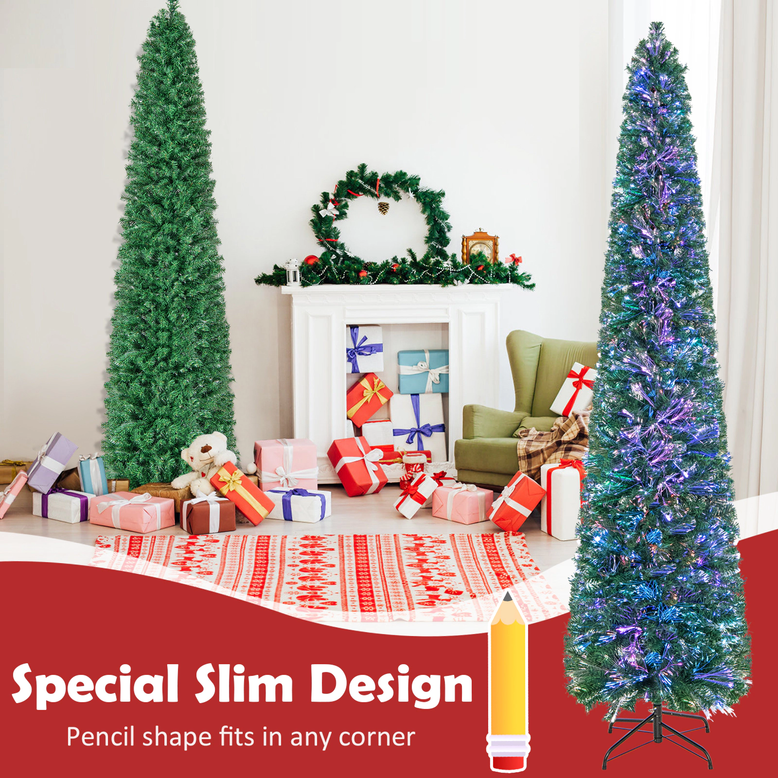 SlickBlue Pre-Lit Fiber Optic Pencil Christmas Tree with LED Lights