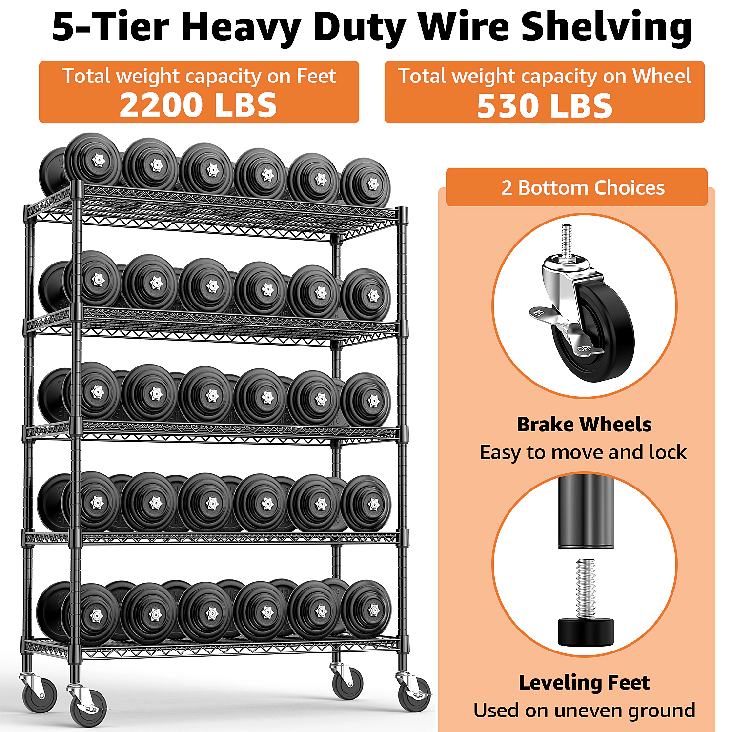 Flynama 5 Tier Black Industrial Metal Shelving Units  23.6 inch D x 53.2 inch W x 73.6 inch H 3300 lbs Capacity
