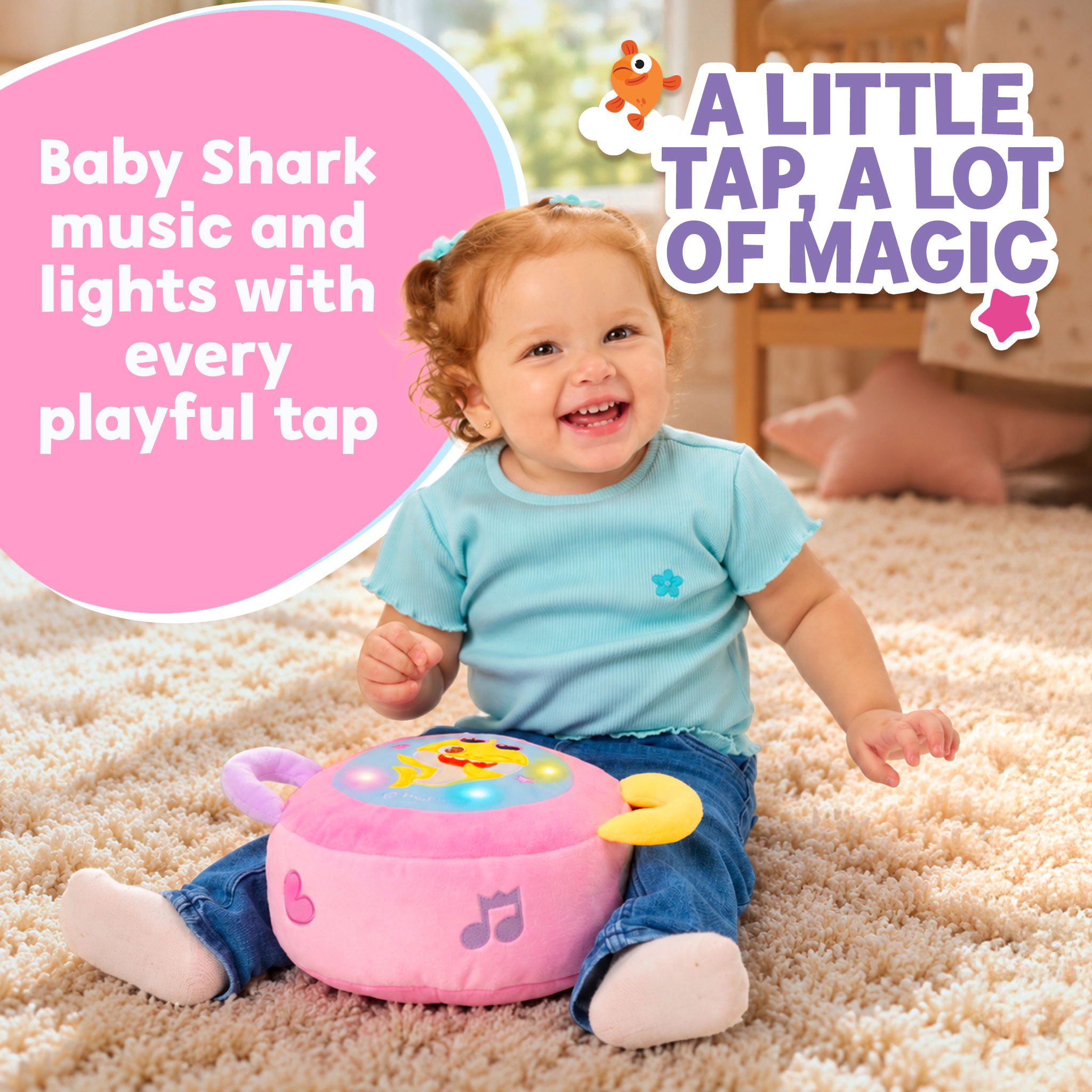 Pinkfong Kids Baby Shark Soft Musical Tap Drum Toy - Pink Plush Drum with Sing-Along Songs