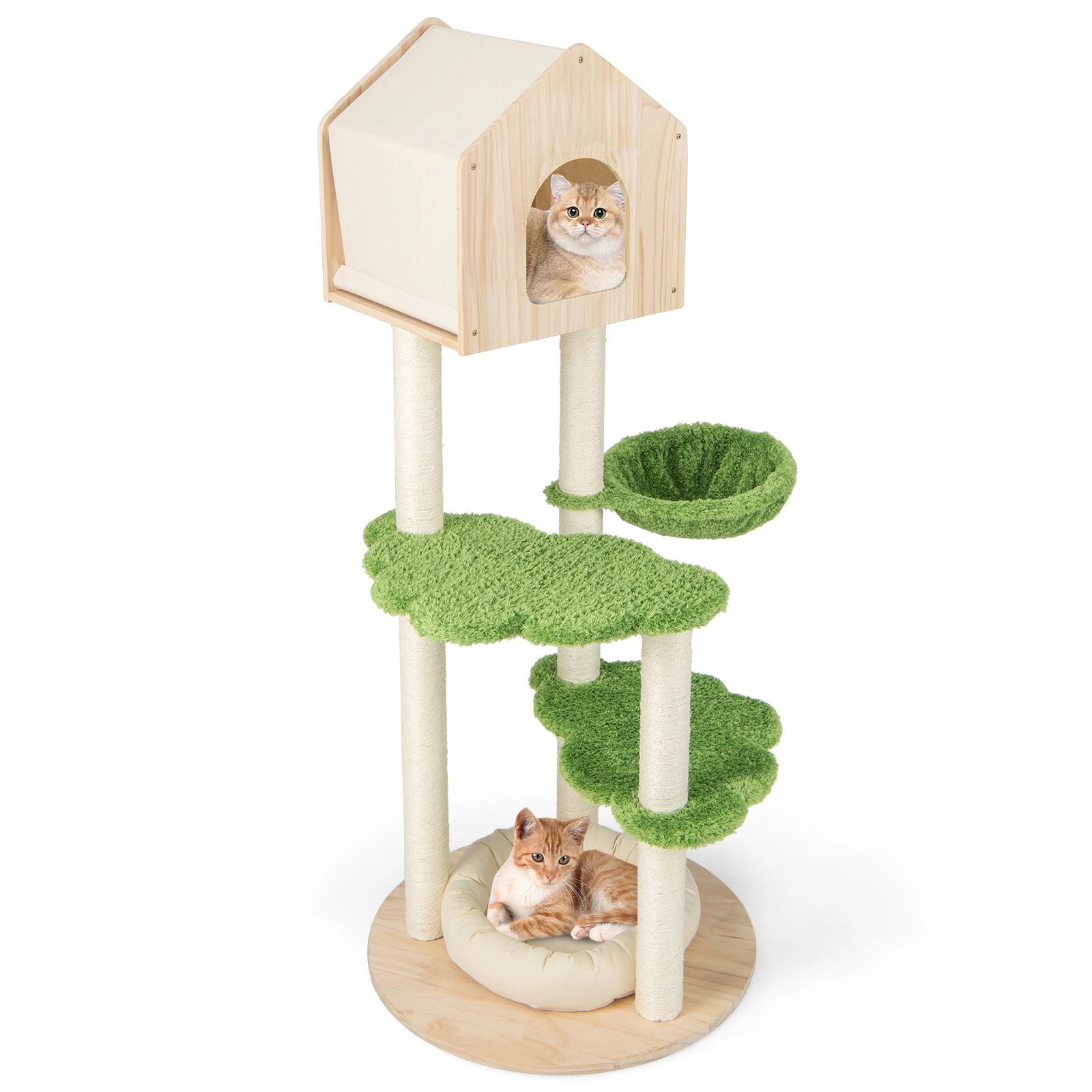 SUGIFT 55-in Tall Cat Tree with Hammock Pine Wood Condo Basket Bed and Sisal Posts for Indoor Cats