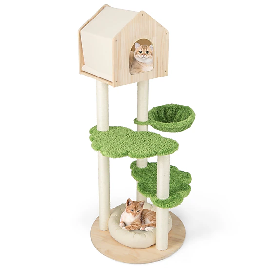 SUGIFT 55-in Tall Cat Tree with Hammock Pine Wood Condo Basket Bed and Sisal Posts for Indoor Cats