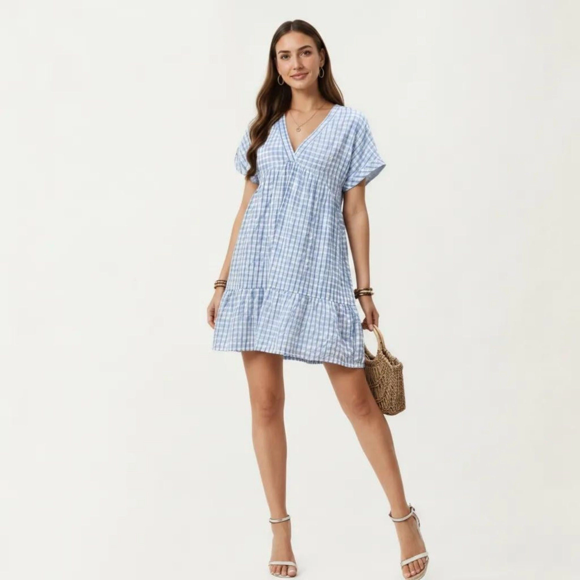 Anna-Kaci Women's Short Sleeve V Neck Plaid Tiered Hem Loose Fit Mini Dress