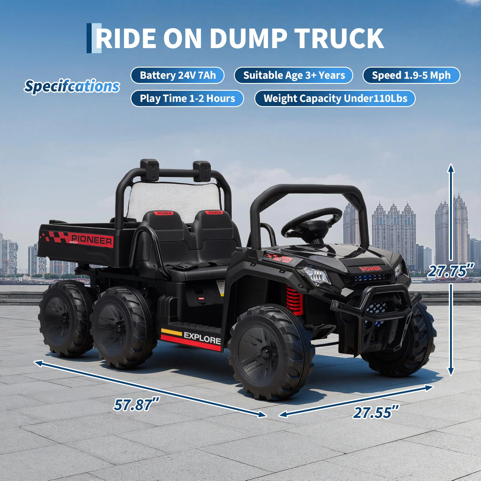 Enjyam 24V Ride on Dump Truck for Kids, 2 Seater 4WD Electric Off-Road Vehicle w/Remote, Bed, 3 Speed