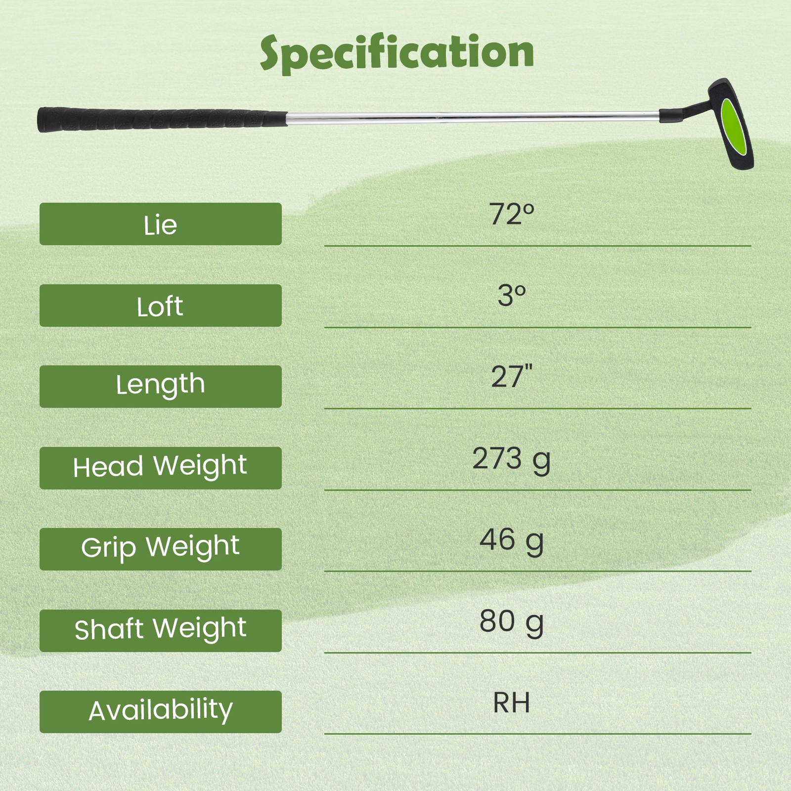 27-in Kids Putter for Ages 8-10 Zinc Alloy Mallet Head Low Center of Gravity Alignment Line Right Handed Green