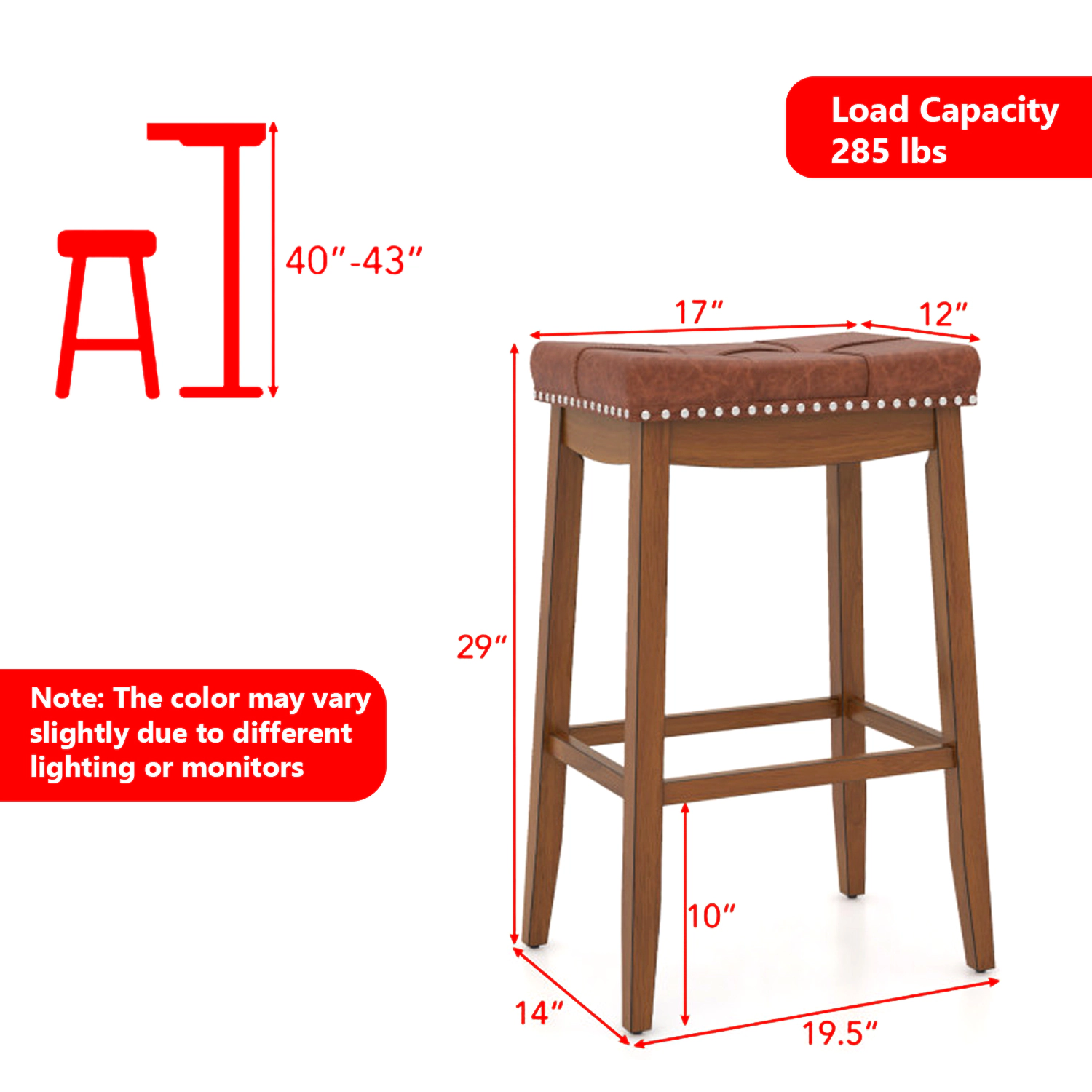 Hivvago Set of 2 Upholstered PU Leather Bar Stools with Saddle Seat