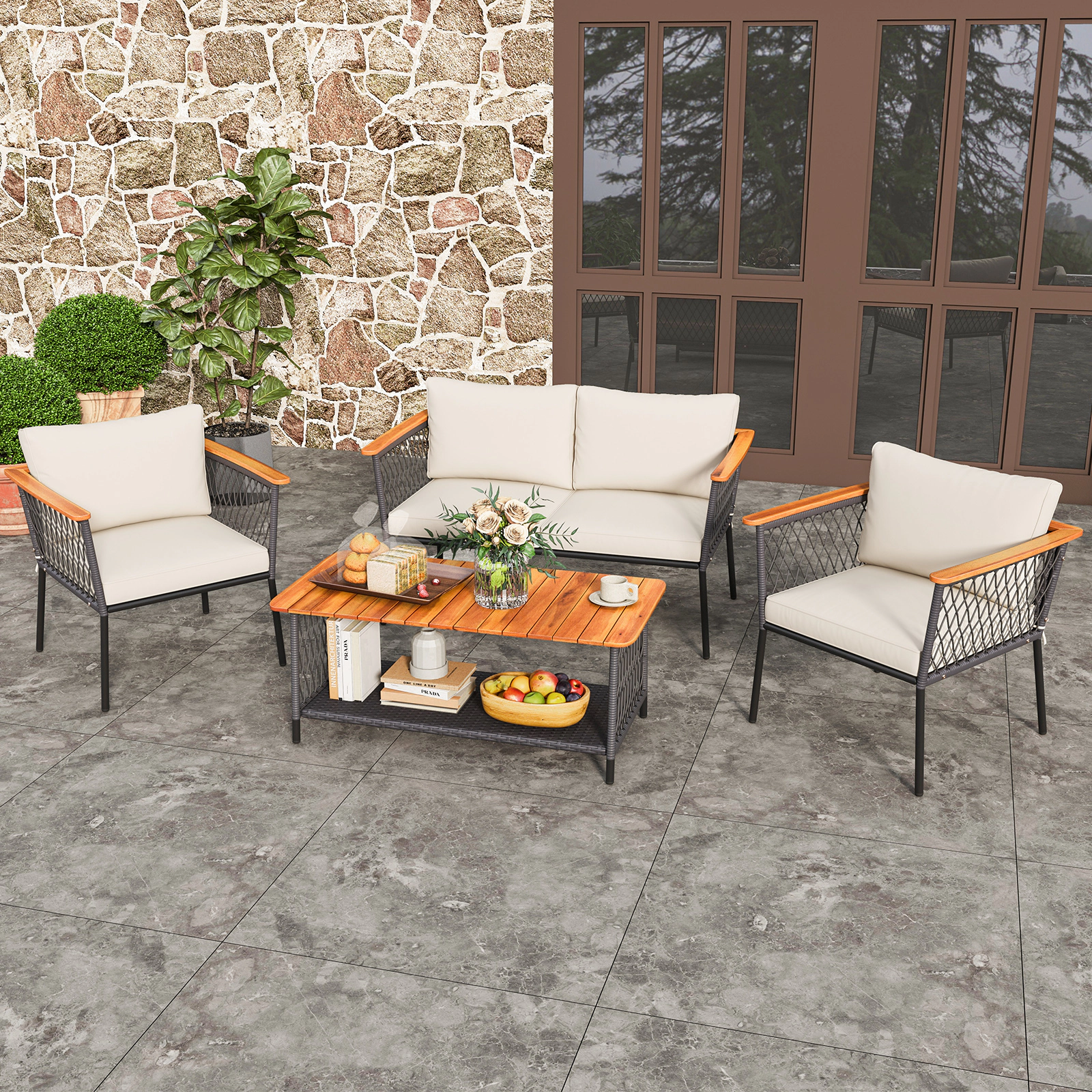 LJG 4 Piece Patio Rattan Furniture Set with 2-Tier Coffee Table