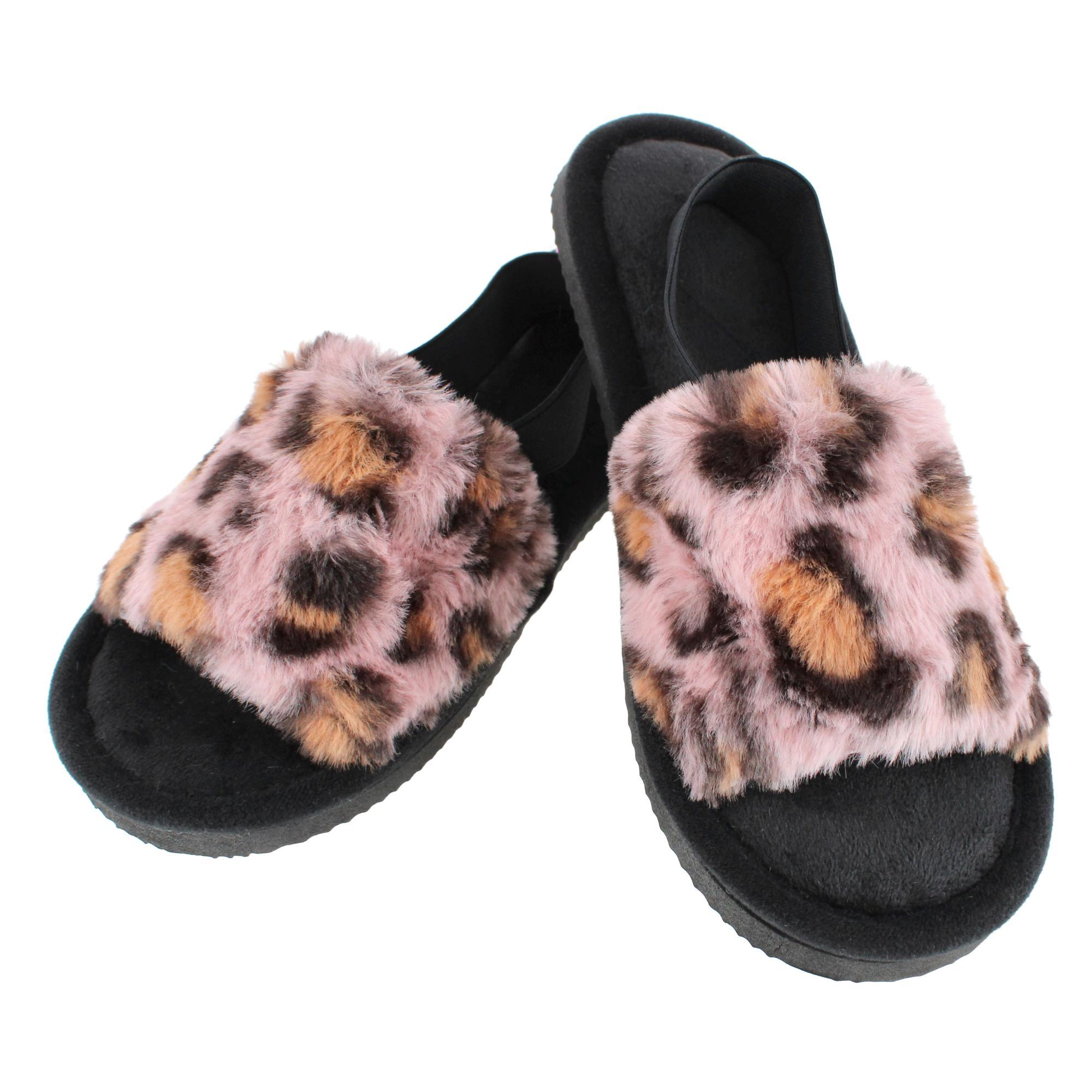CTM Women's Cozy Leopard Plush Open Toe Slippers with Back Strap
