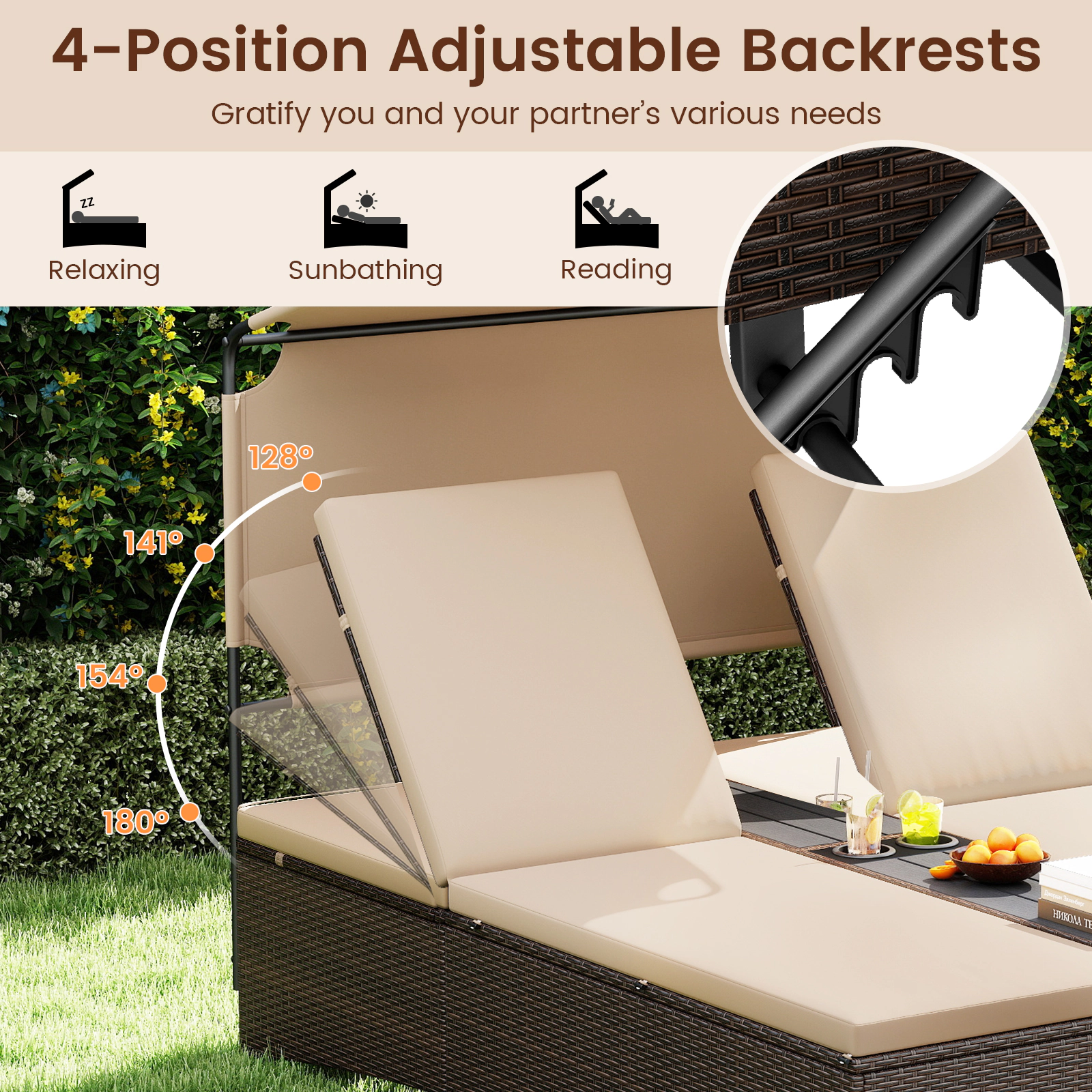 LJG Outdoor Daybed with Adjustable Backrests 2-Person PE Rattan Patio Bed