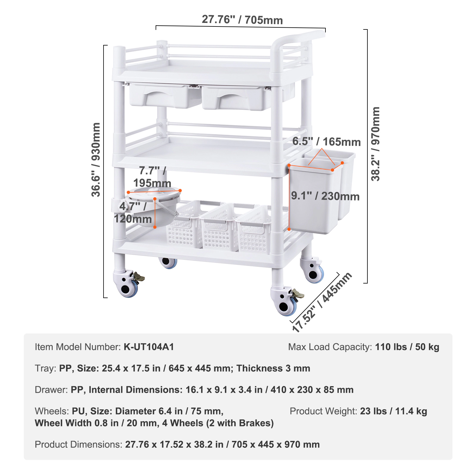 HONGGE Lab Carts Lab Utility Cart with 3 Trays & 4 Silent Wheels Mobile Medical Cart with PP Material Lab Rolling Cart
