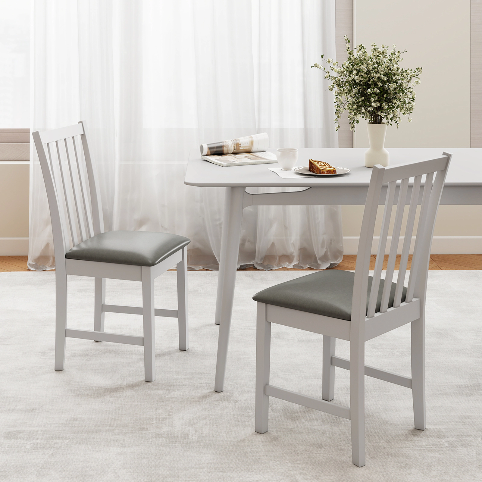 SUGIFT Rubber Wood Dining Chair Set of 2 with MDF Frame and Padded PVC Seat 330-Lb Capacity 36-in Tall White+Gray