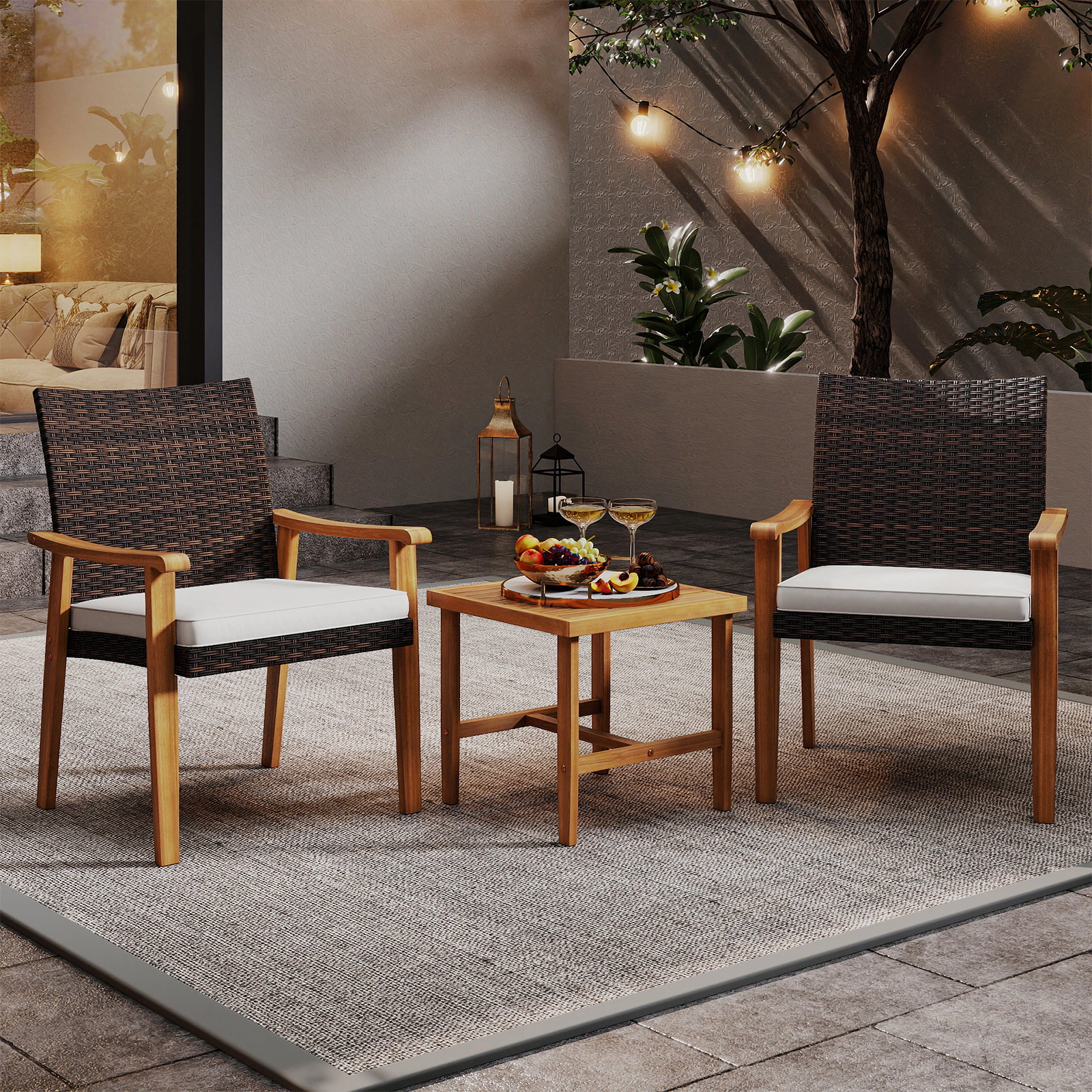 LJG 3 Pieces Patio PE Wicker Furniture Set Acacia Wood Outdoor Conversation Bistro Set