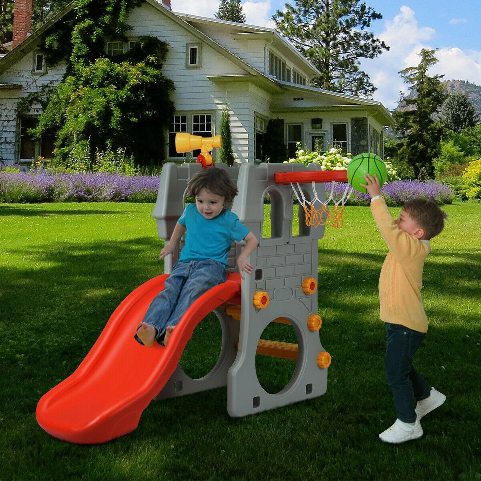 5-in-1 Toddler Climber Slide Playset 12-in Basketball Hoop Football Goal Telescope Guardrails 110-lb Capacity Ages 3-8