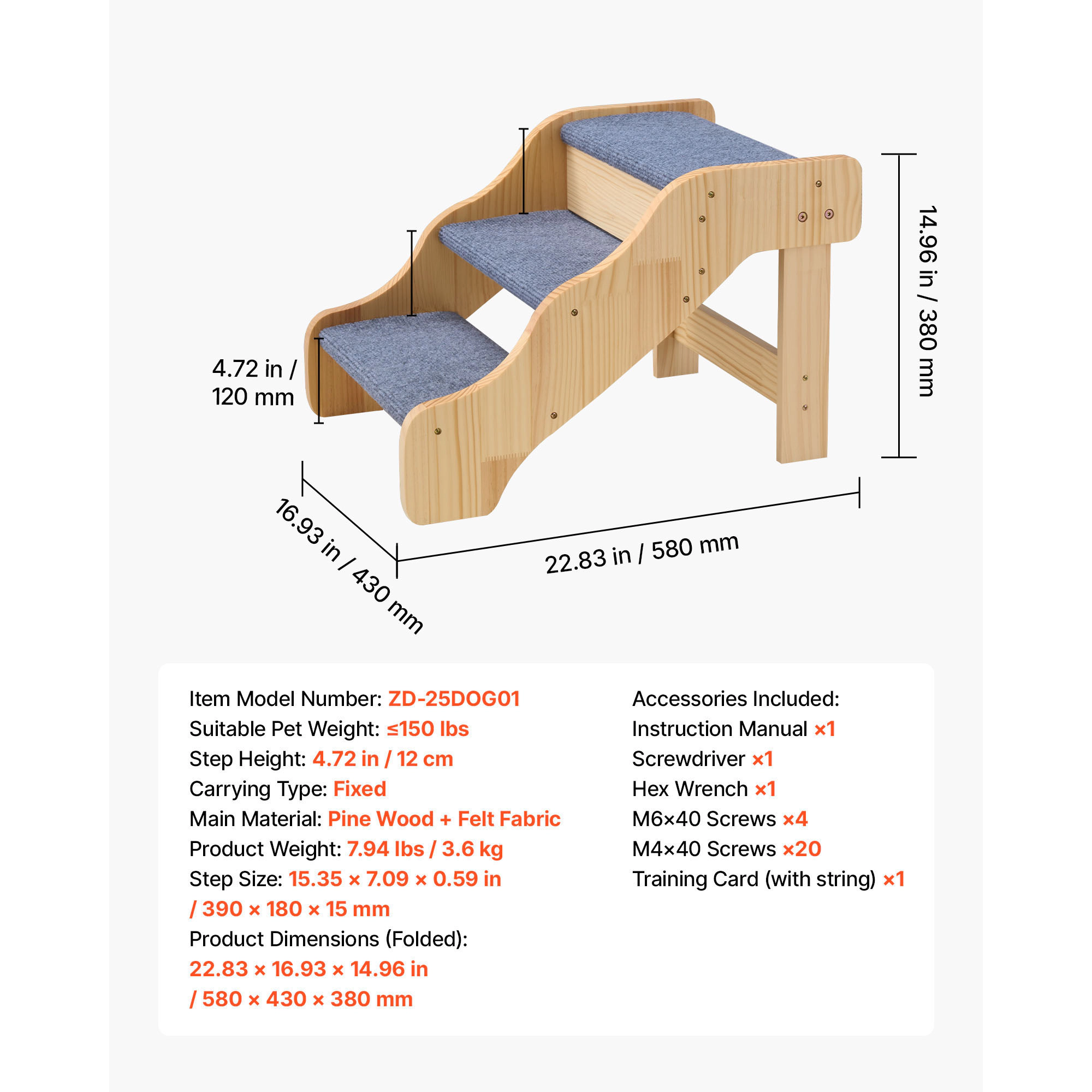 HONGGE 3-Step Non-Folding Wood Dog Stairs for High Beds & Sofas, Fixed Frame, Supports Pets up to 150 lbs