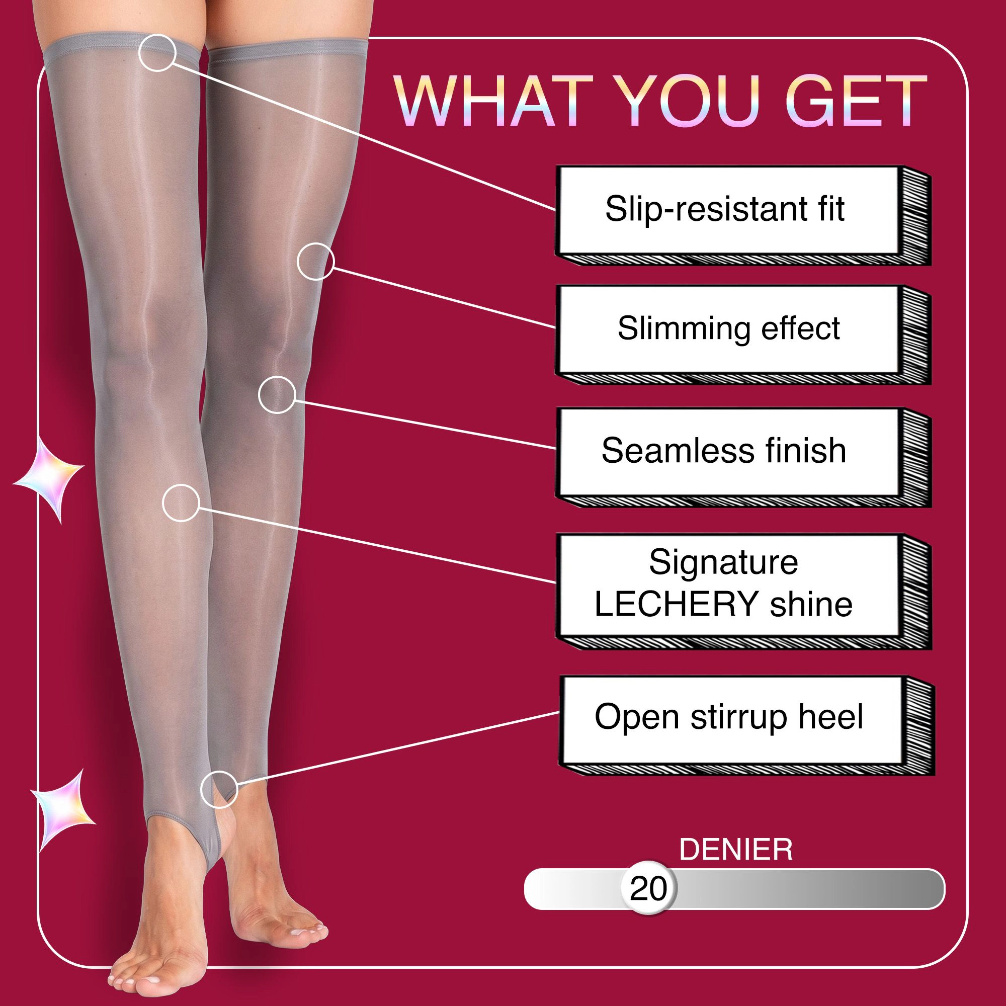 LECHERY Women's Stirrup Thigh High Stockings, Lustrous Silky Shiny Stockings Leg Warmers Hold Up Hosiery