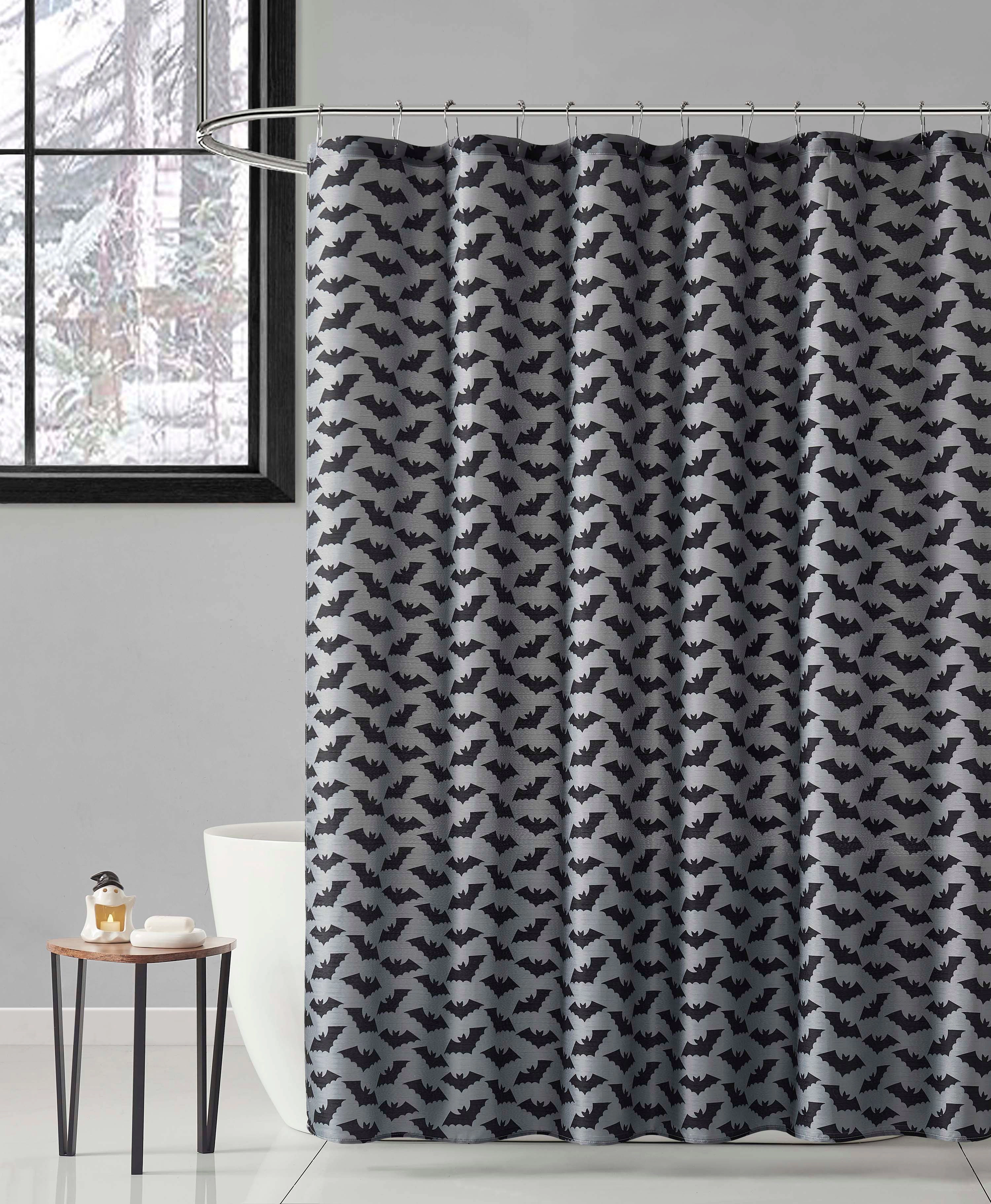 Kate Aurora Halloween Accents Gray & Black Friendly Bats Fabric Shower Curtain