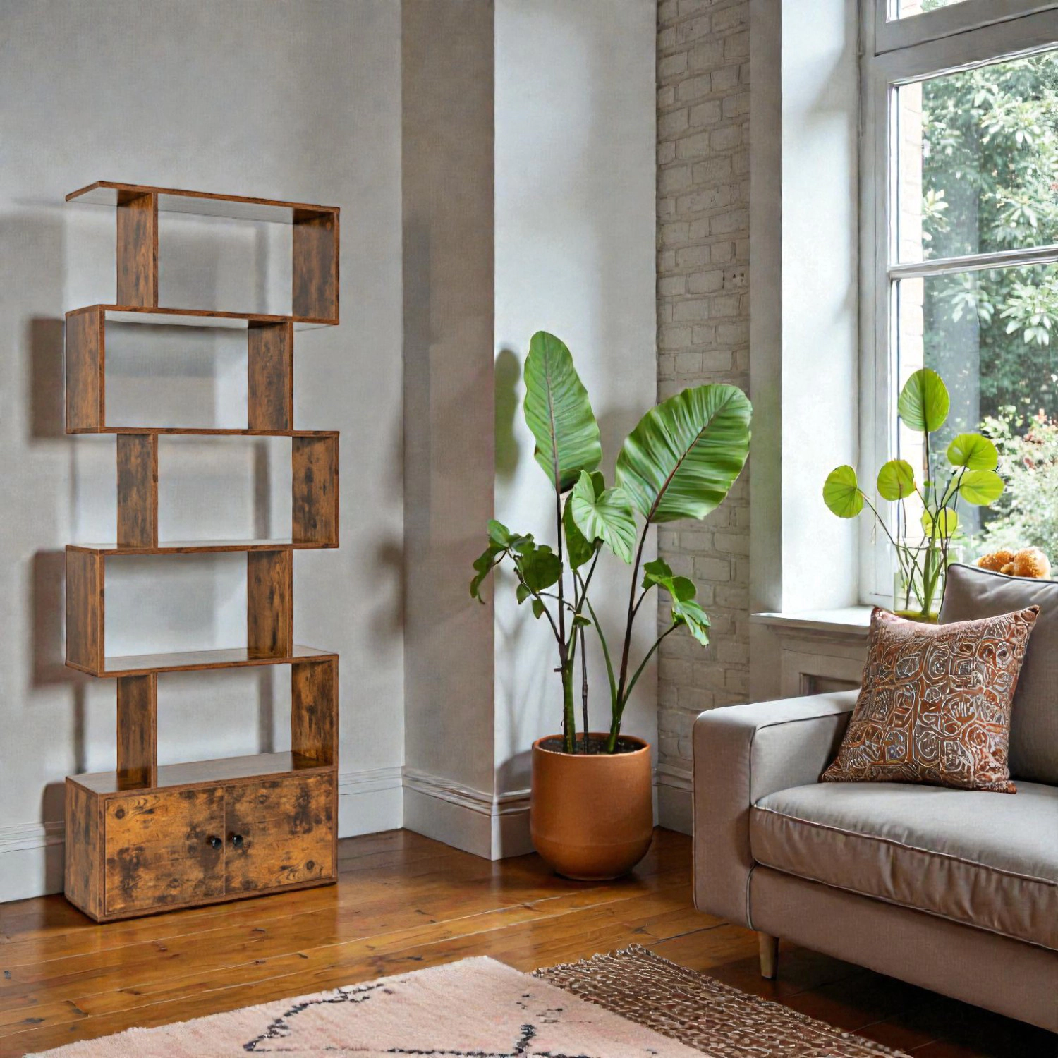 Hivvago 6-Tier Geometric Display Bookcase with Closed Cabinet Compartments