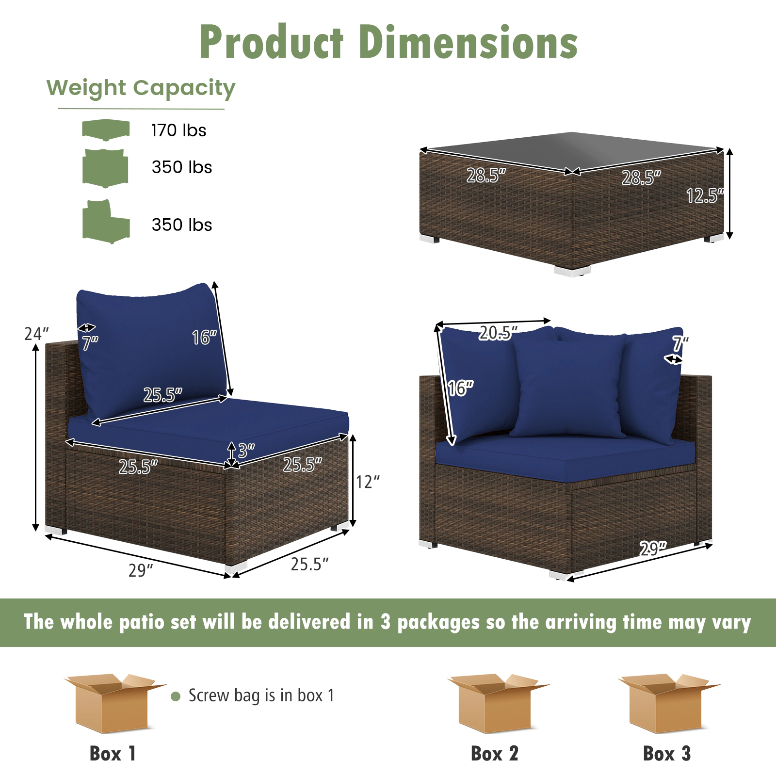 LJG 7 Pieces Patio Rattan Furniture Set with Sectional Sofa Cushions
