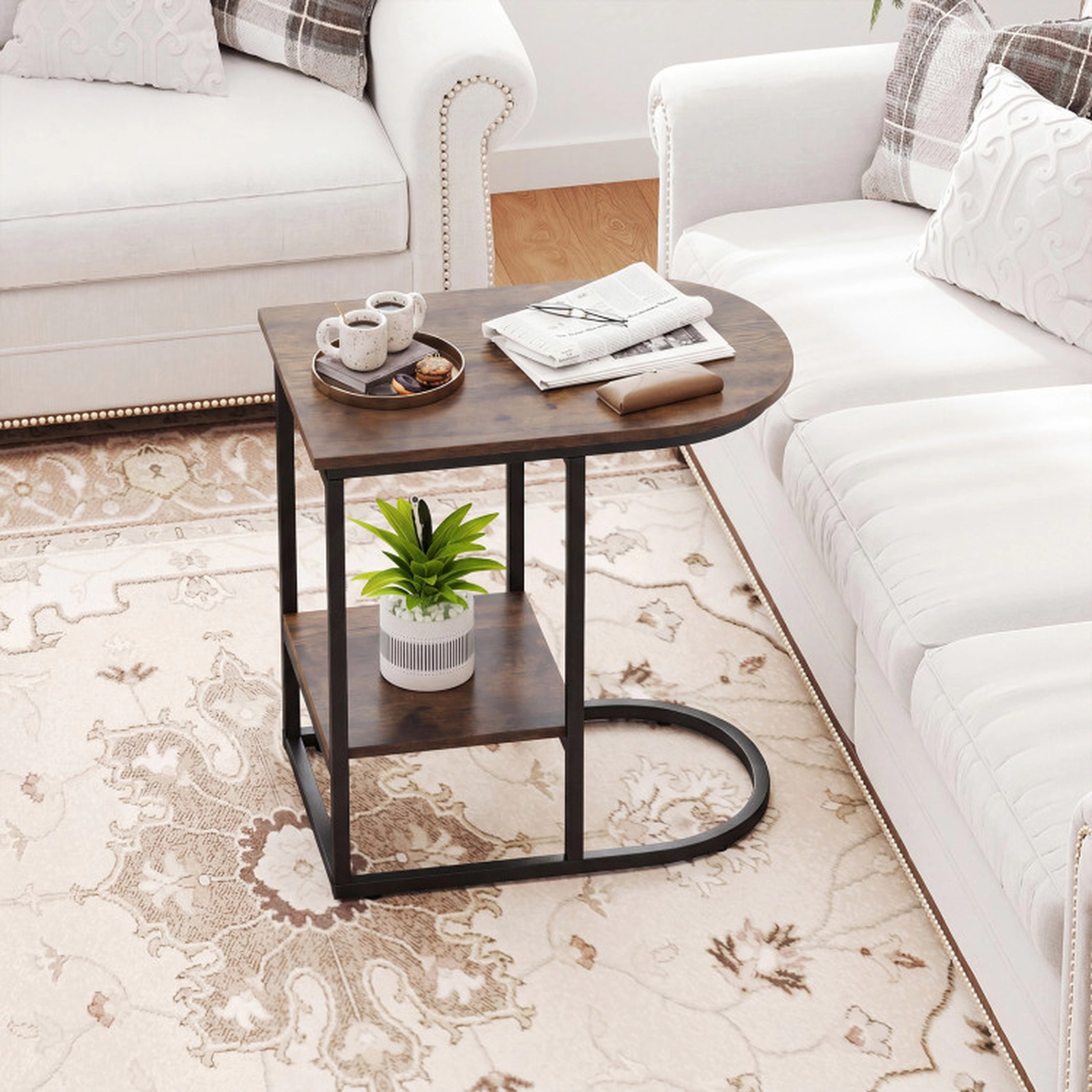 SUGIFT C-Shaped Sofa Side Table Faux Marble Tabletop & Storage Shelf 66-lb Tabletop Capacity 22-lb Shelf Capacity Rustic