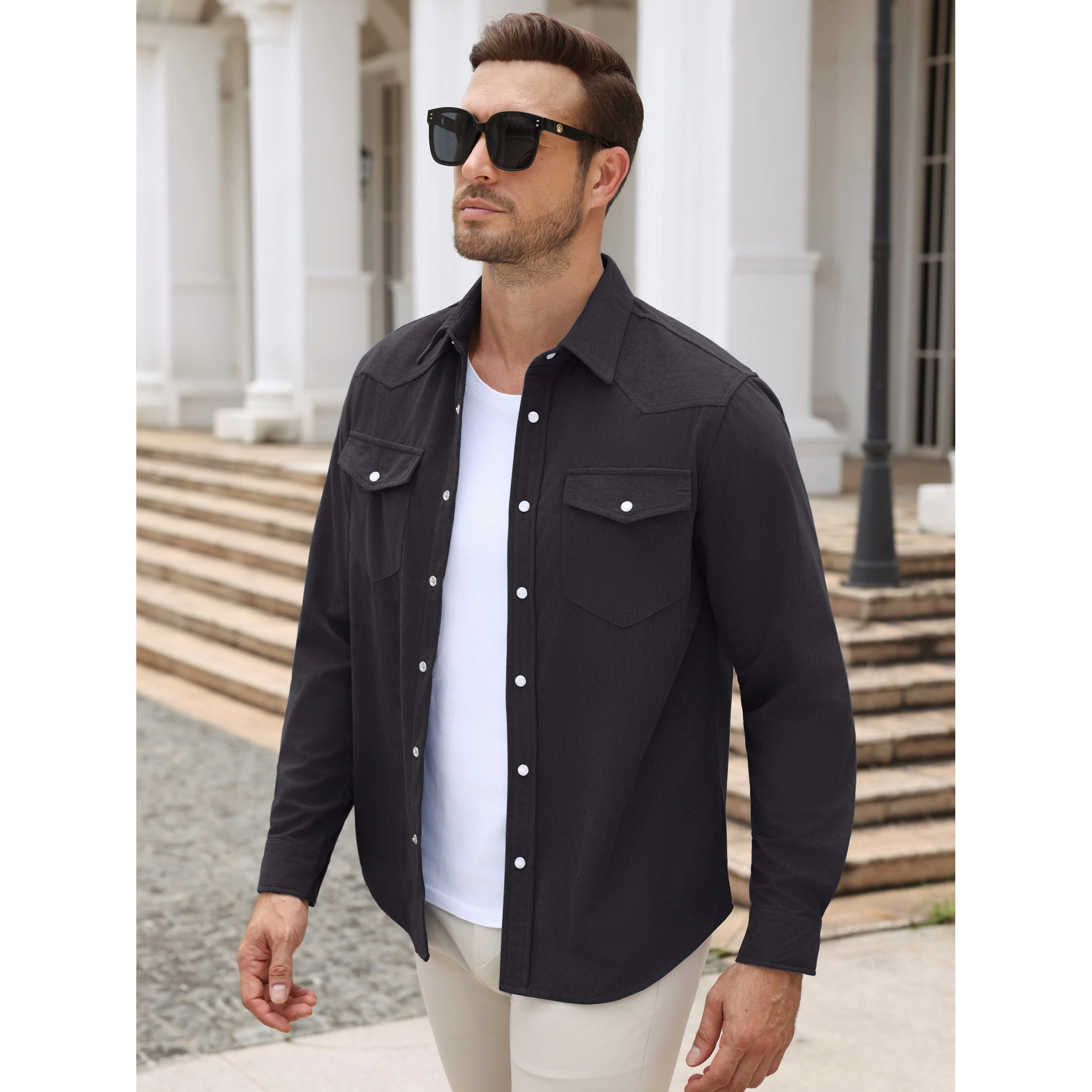 COOFANDY Men's Corduroy Pearl Snap Long Sleeve Western Shirt