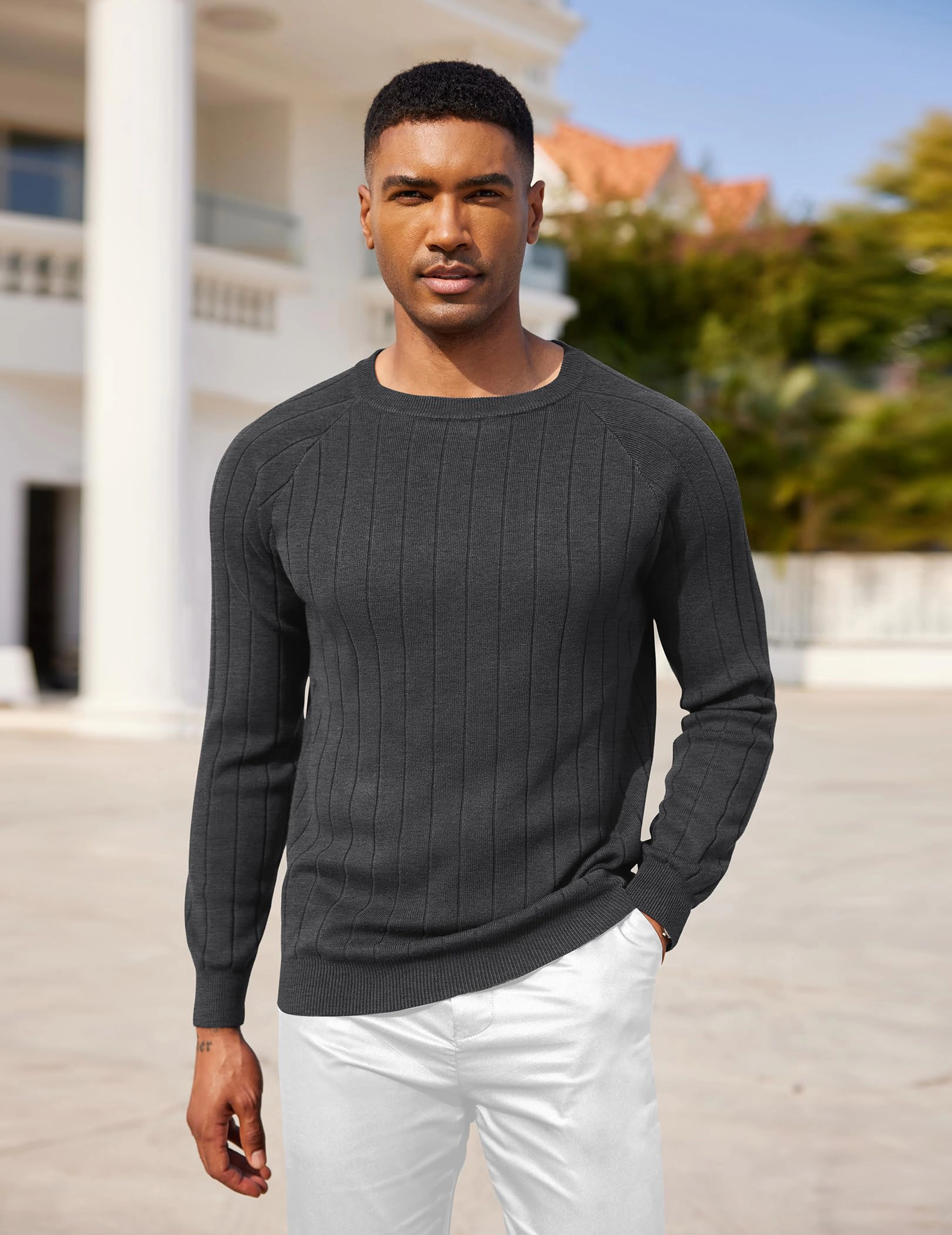 COOFANDY Mens Ribbed Knit Sweater Crew Neck Long Sleeve Raglan Fall Casual Pullover