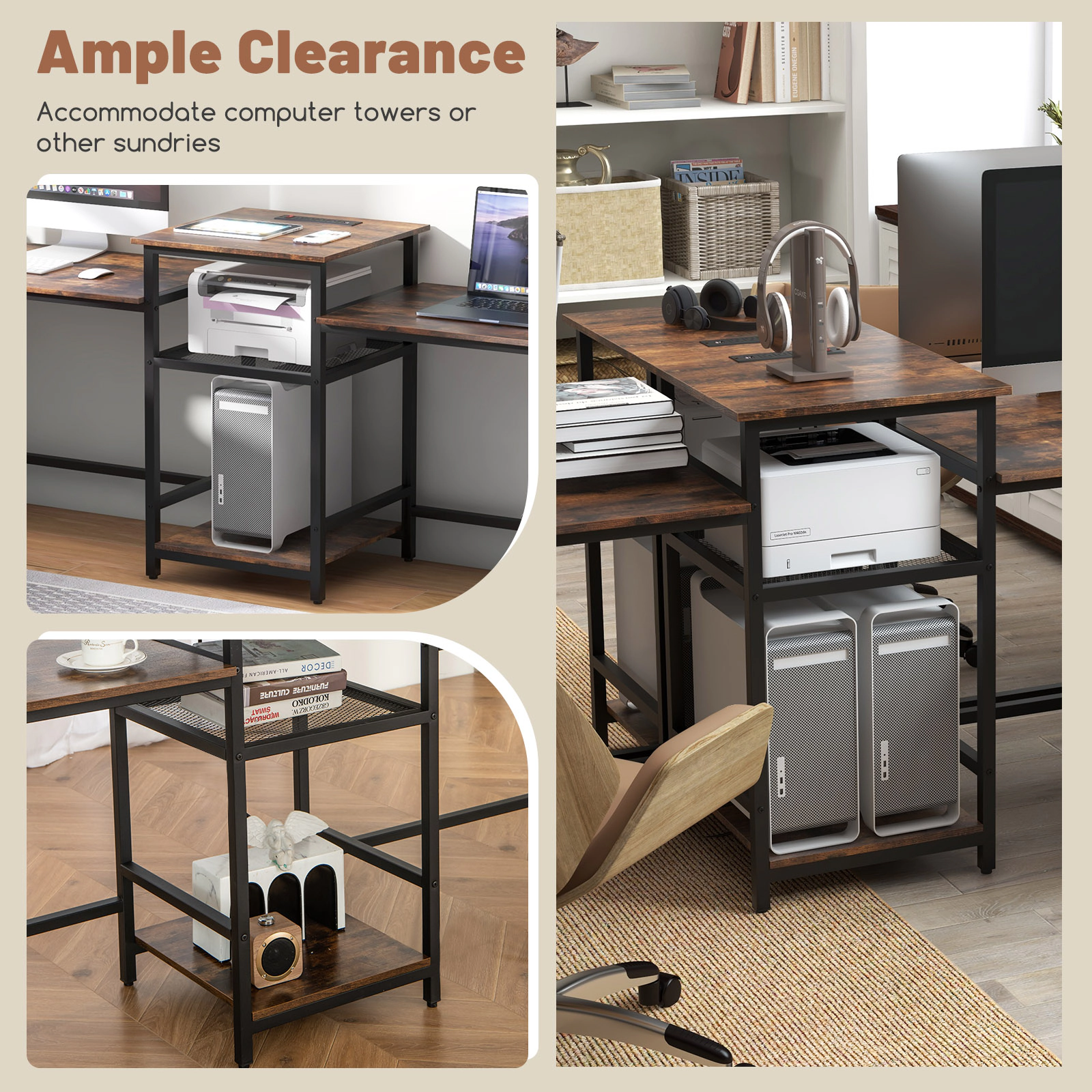 SUGIFT 2-Person Computer Desk with Power Outlet Printer Stand and Storage Shelves 160-lb Side Tables Rustic Brown Black