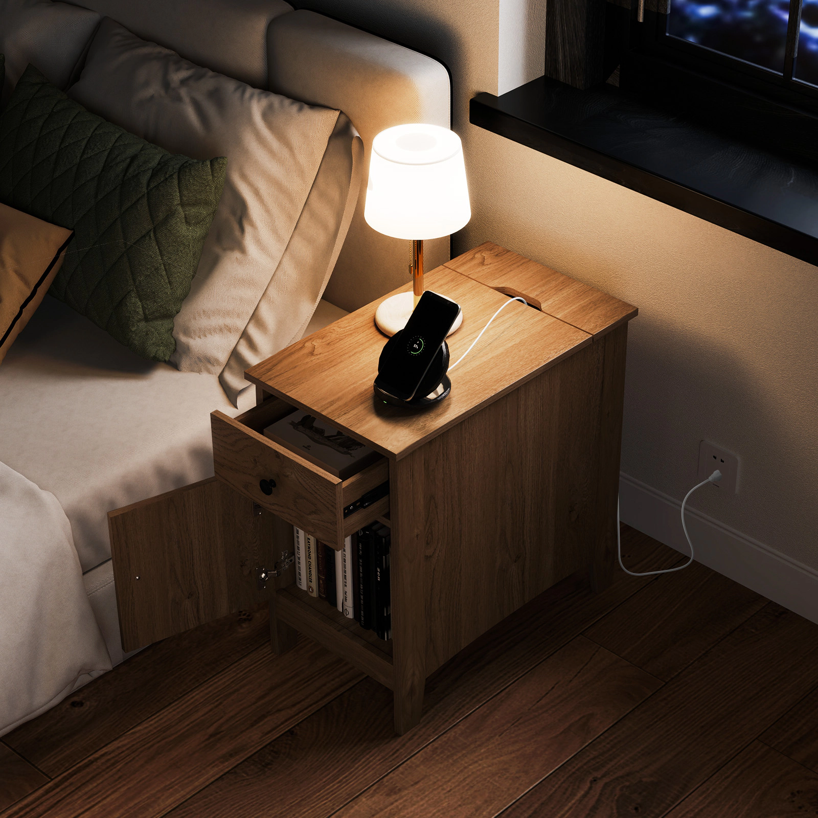 LJG Flip Top End Table with Charging Station USB Ports Outlets and Drawer