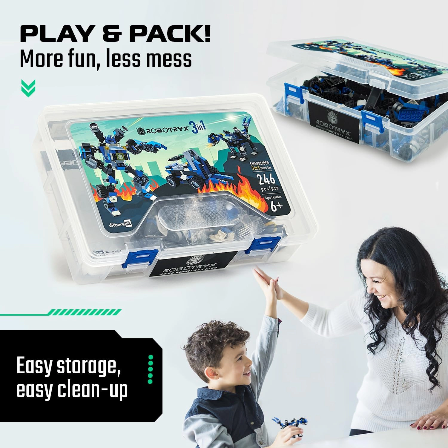 Robotryx Kids Snabglider 3-in-1 Robot Building Set - 246-Piece Blue Warrior & Puma with Forklift