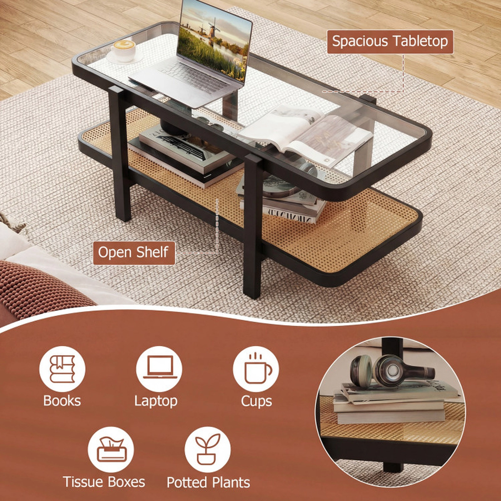 SUGIFT 47.5-in 2-Tier 180-lb Capacity Acacia Wood Coffee Table with Tempered Glass Top and PE Rattan Shelf