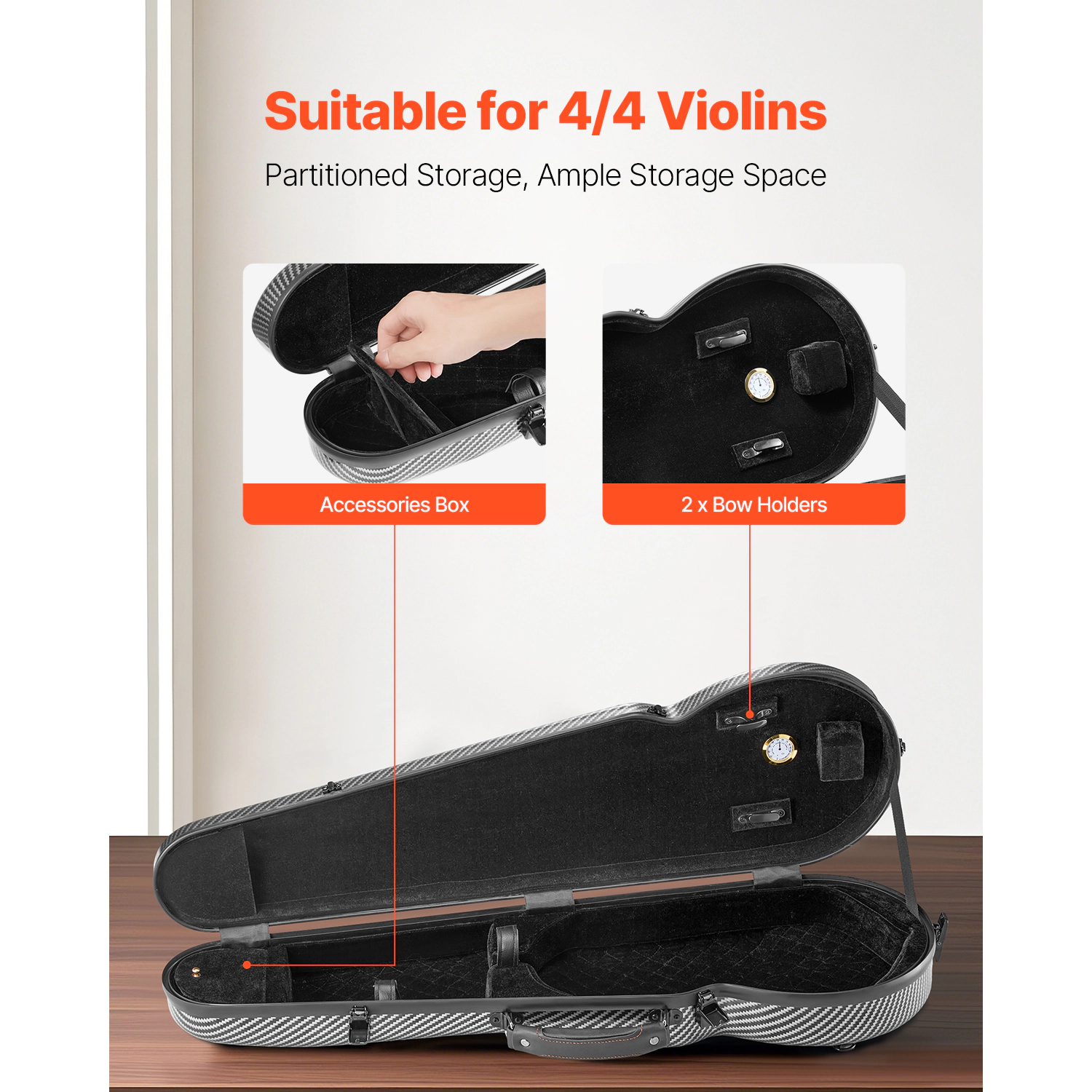 HONGGE 4/4 Full Size Violin Case, Built-in Hygrometer, Lightweight Portable Travel Carrying Bag, with Plush Lining