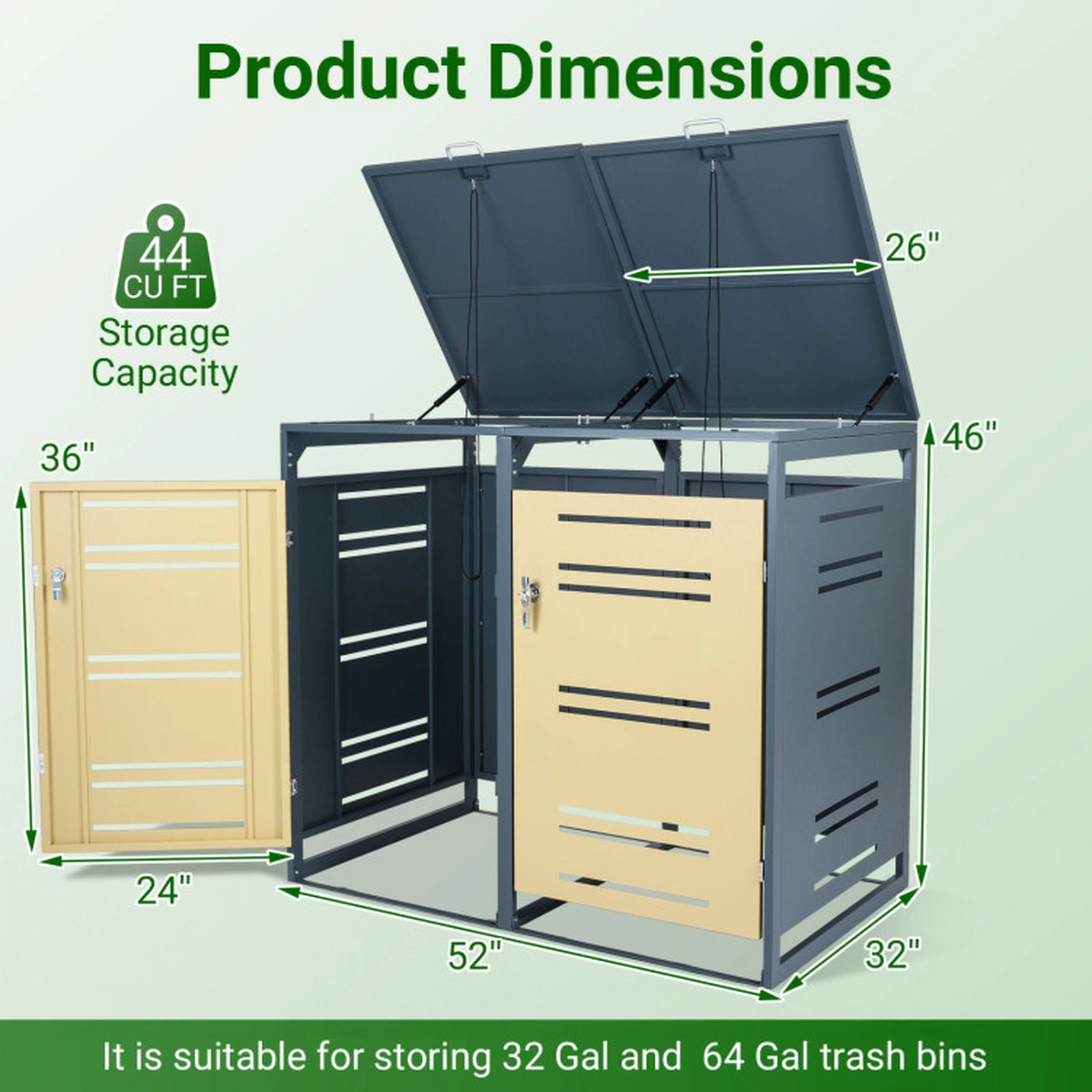 SUGIFT 2-Can Outdoor Metal Trash Can Storage Shed with Gas-Strut Lids Lockable Handle and Wide Doors