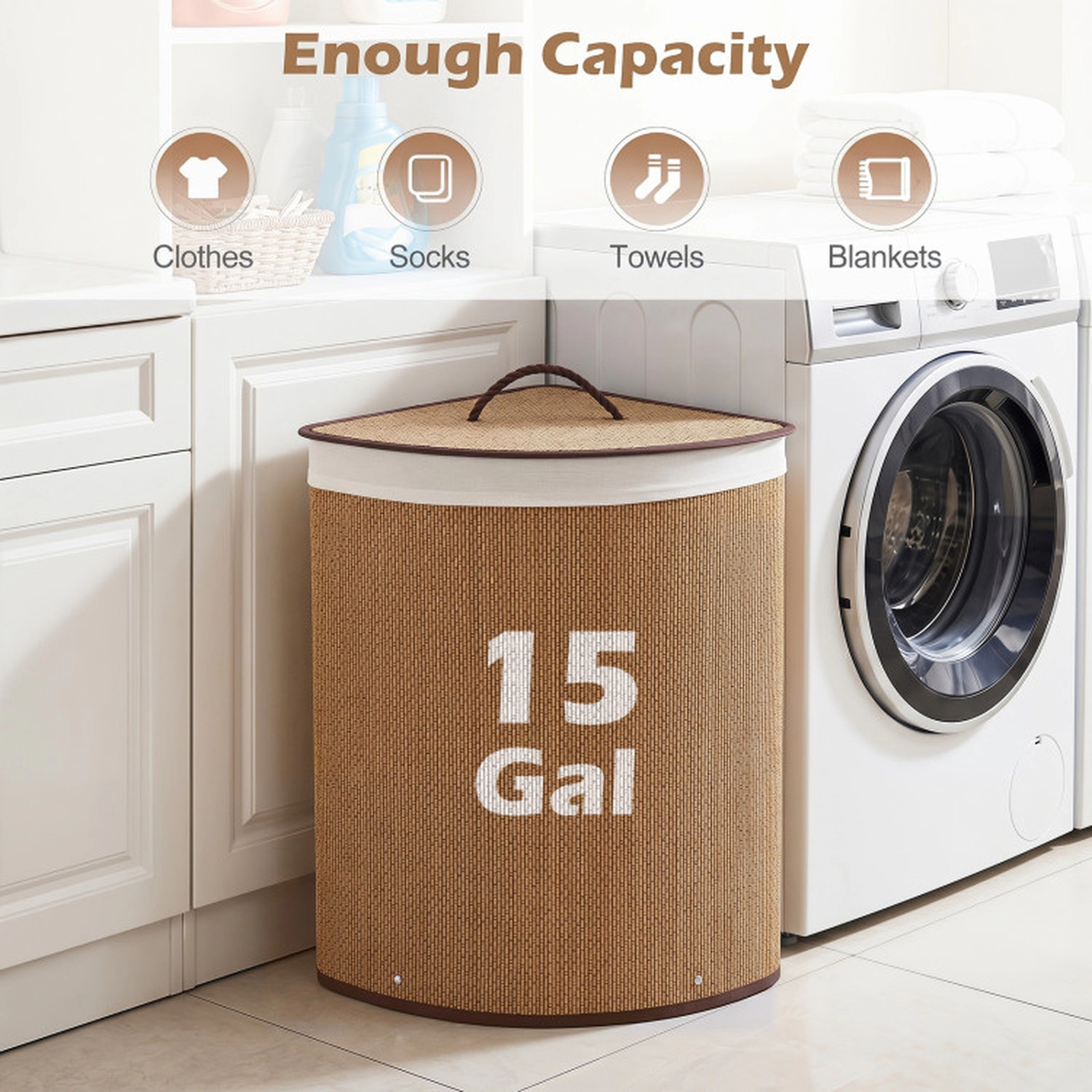 SUGIFT 15 Gal Bamboo Corner Laundry Hamper with Cotton Liner and Lid