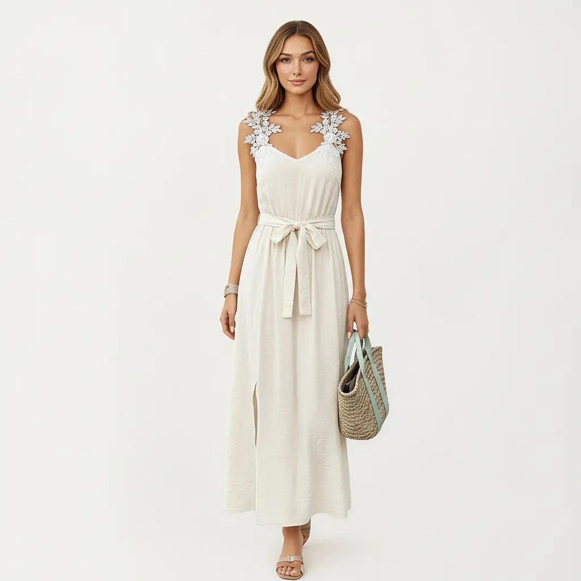 Anna-Kaci Womens Sleeveless V-Neck Maxi Dress with Floral Applique Straps