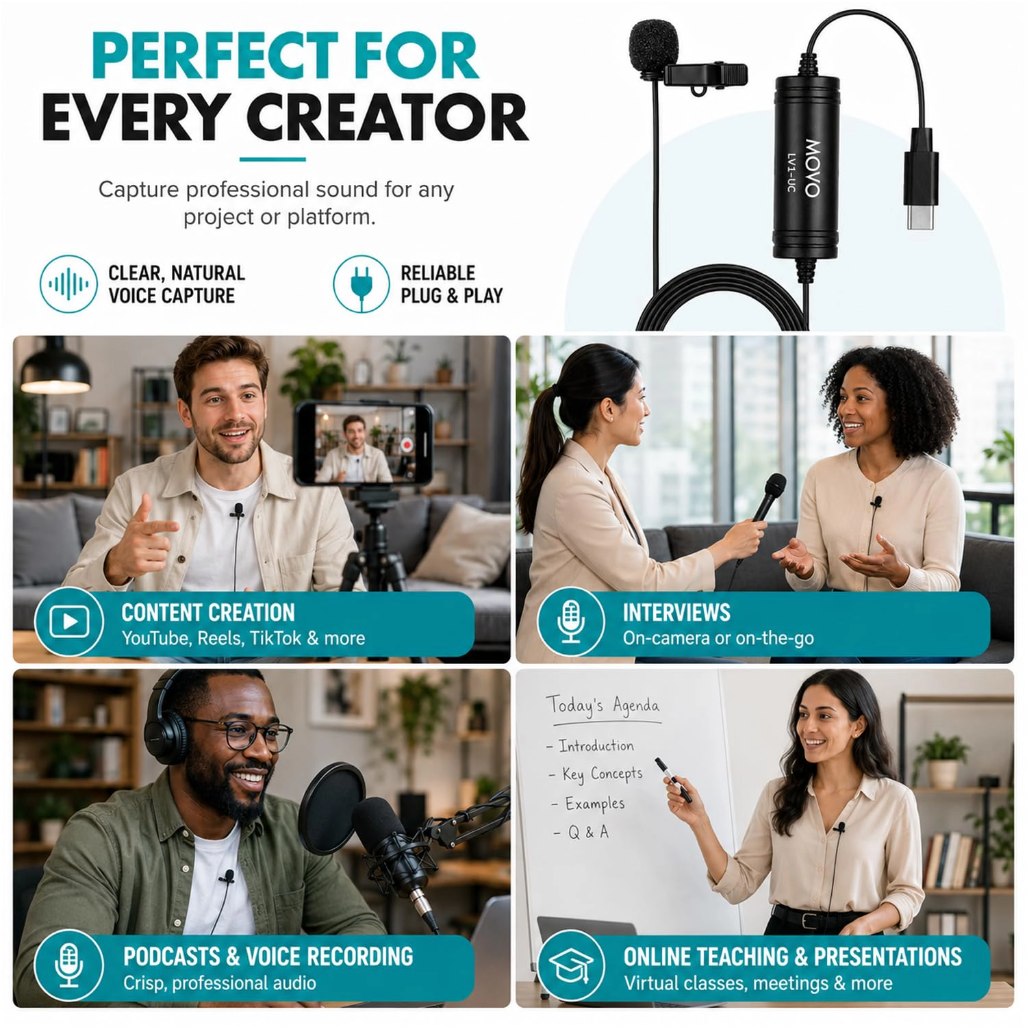 Movo LV1-UC USB-C Lavalier Microphone for iPhone 15, 16 and 17 – Clip-On