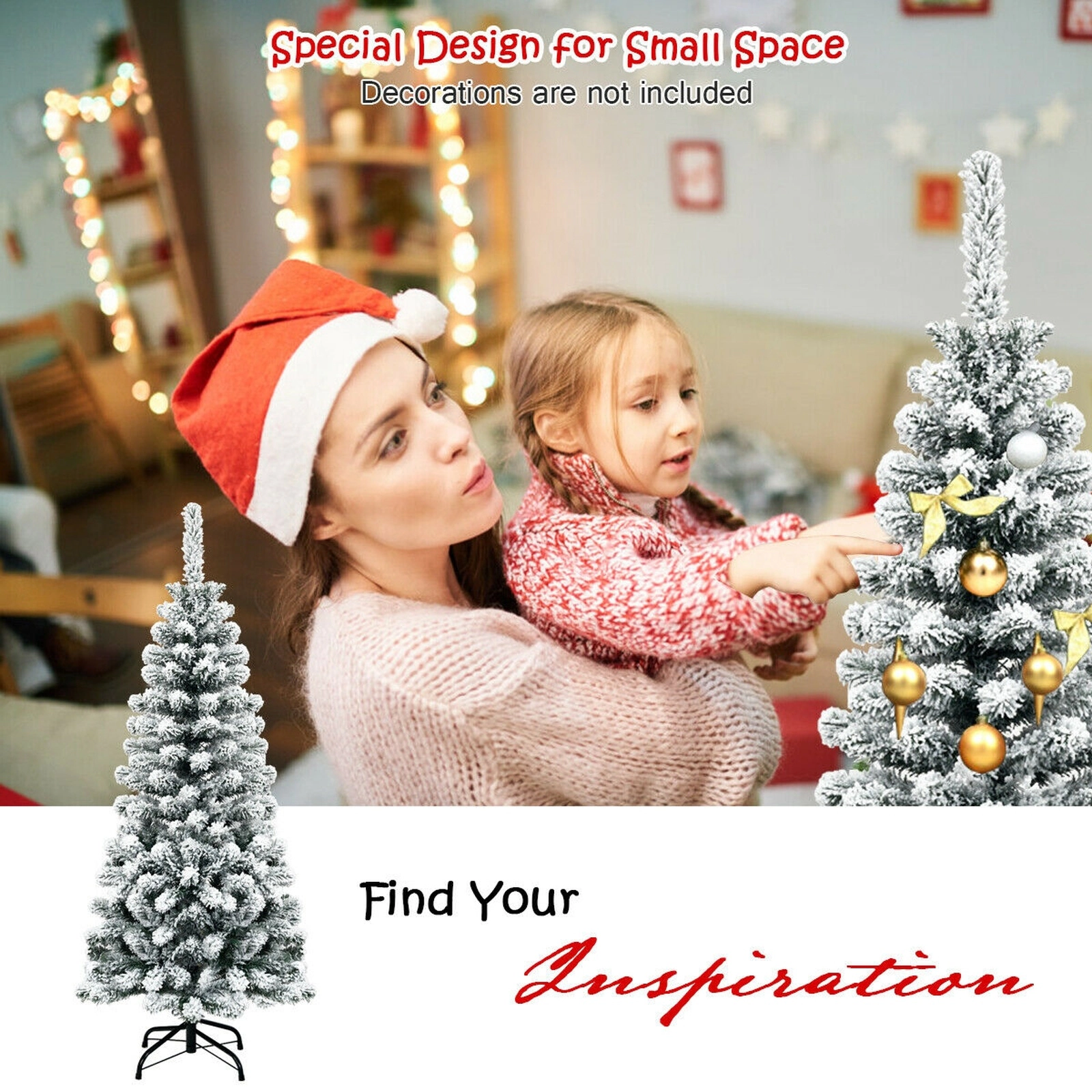 SUGIFT 4.5-ft Unlit Hinged Snow Flocked Artificial Pencil Christmas Tree 242 Tips 1.8-ft Wide 14-in Metal Stand White