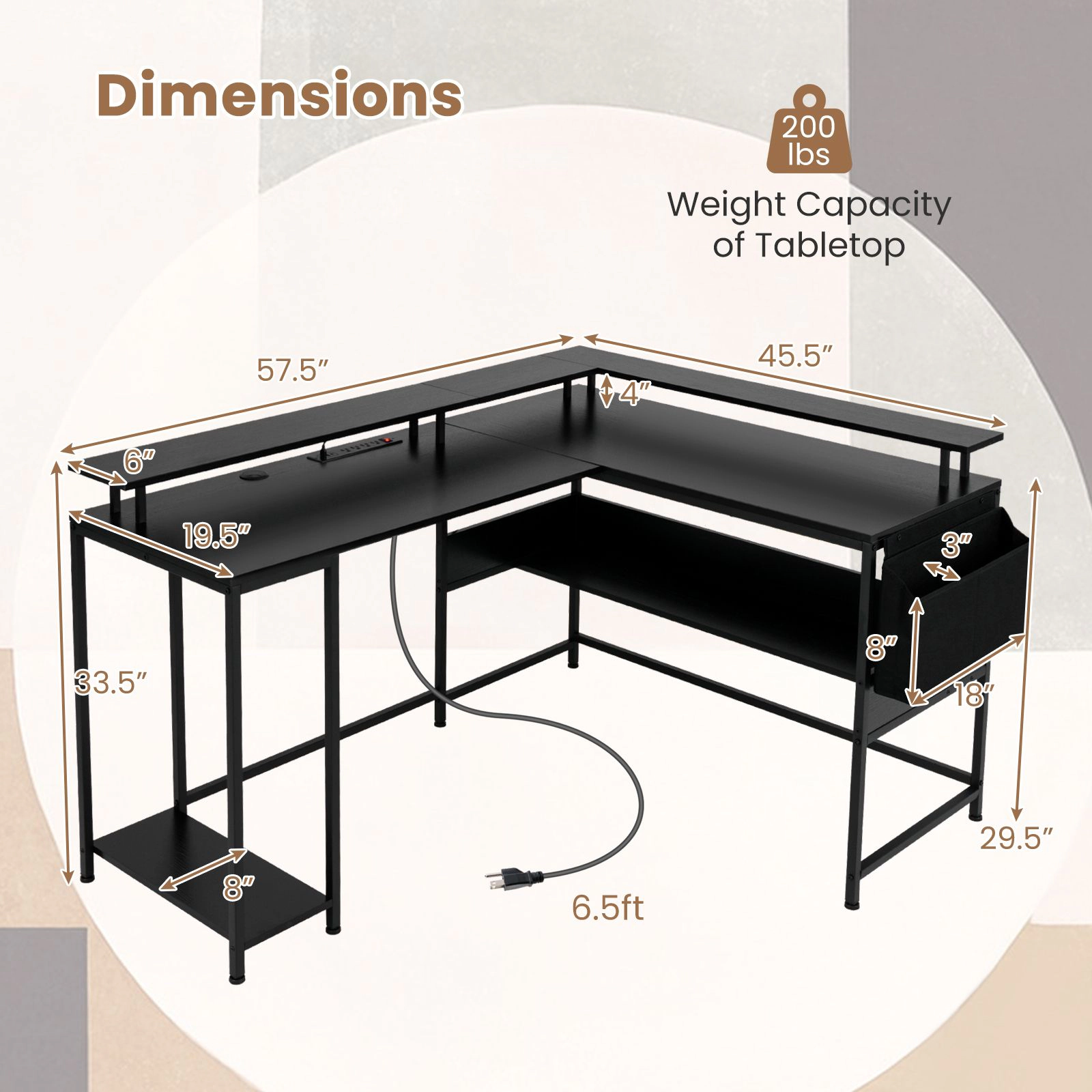 SlickBlue L Shaped Computer Desk with LED Lights and Power Strip