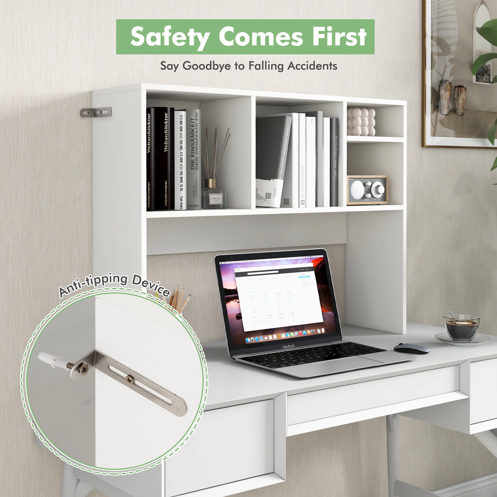 SUGIFT Computer Desktop Bookcase 4 Cubbies & Open Back Compartment 37-in Wide 145-lb Capacity 29-lb Net Weight White