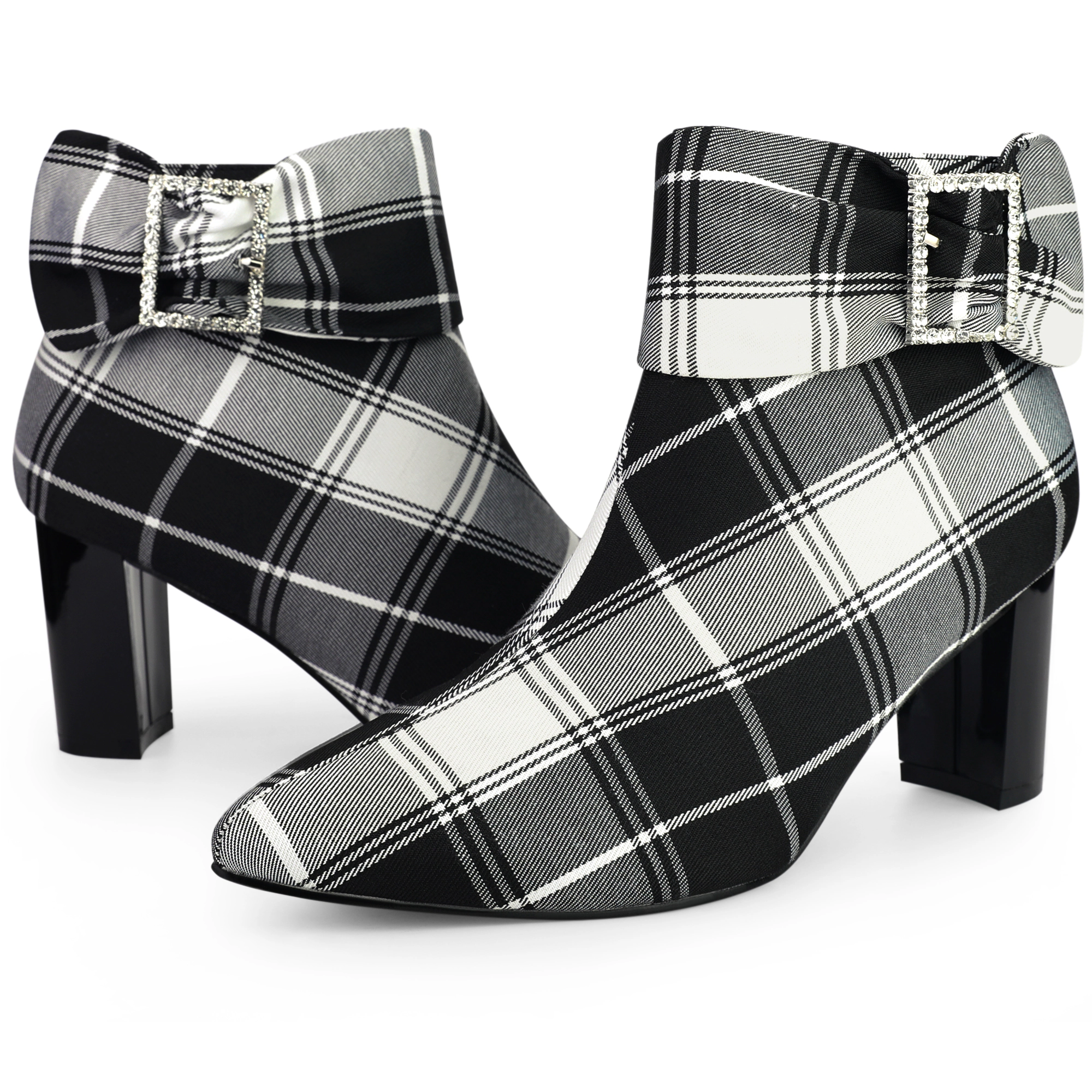 BLISSFUL STEP Women's Pointy Toe Rhinestone Bow Plaid Chunky Heel Ankle Boots