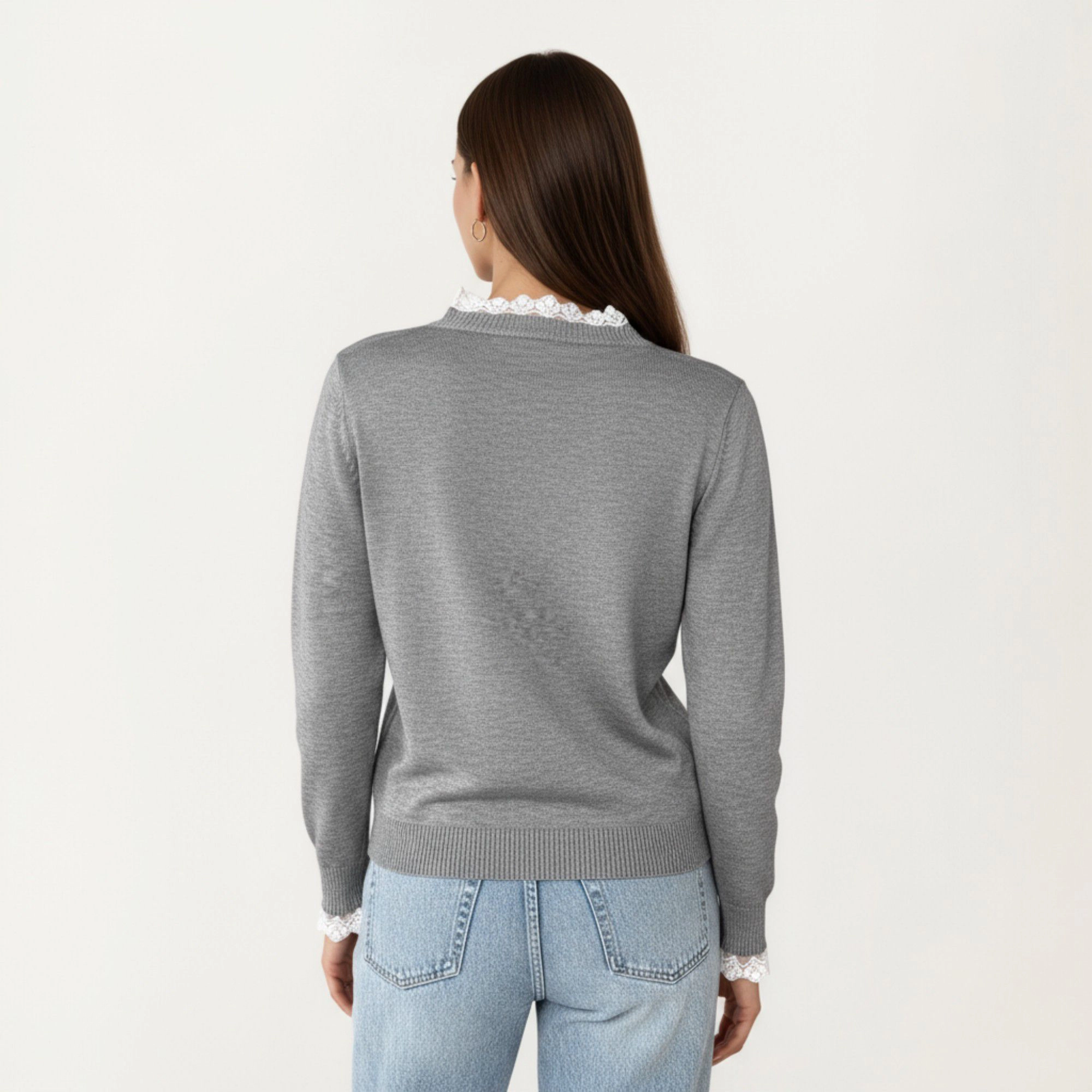 Anna-Kaci Women's Lace Trim Collar Button Front Long Sleeve Knit Top