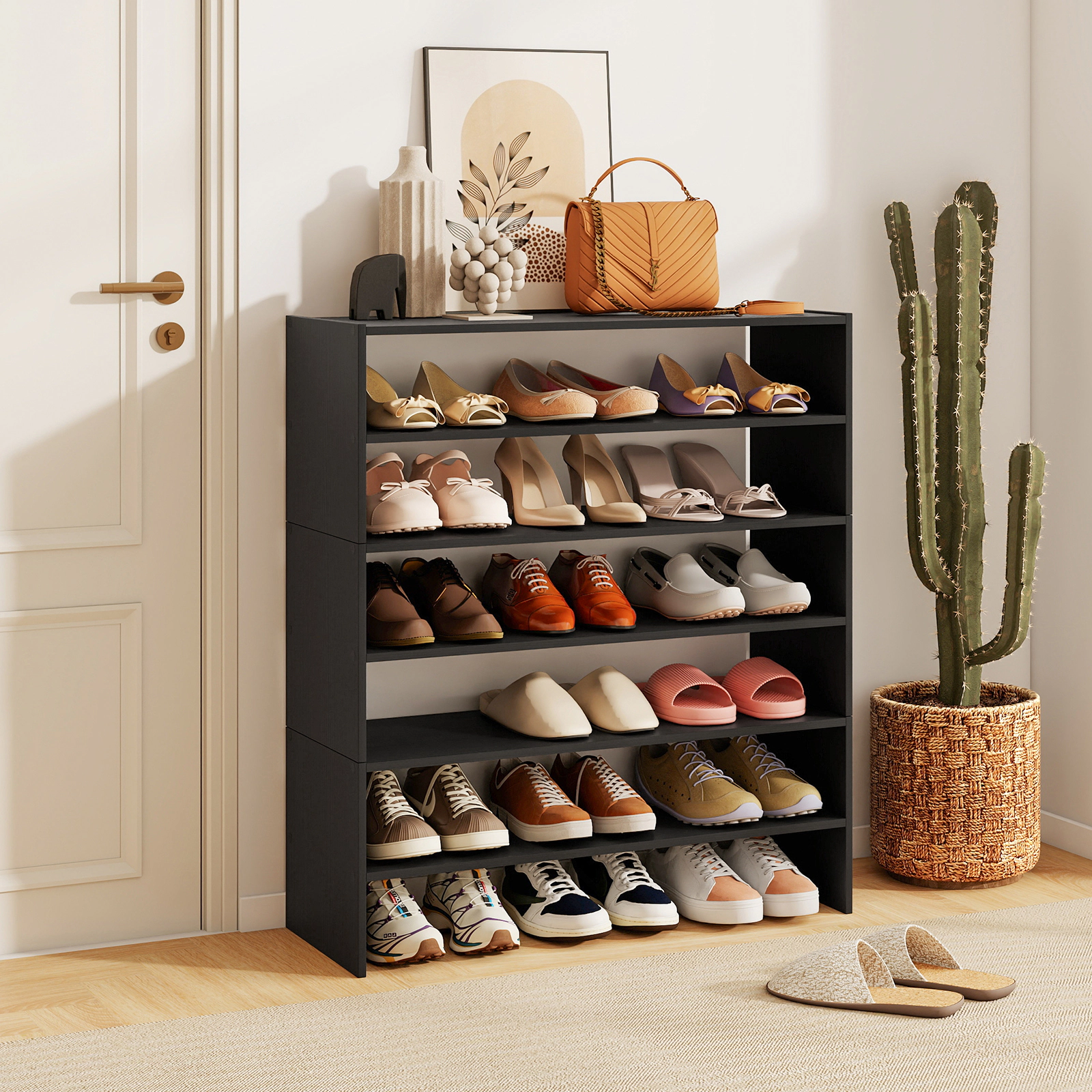 SUGIFT 6-Tier Black 31-in Wide Stackable Modular Shoe Rack Organizer with Anti-Tip Kit for Entryway