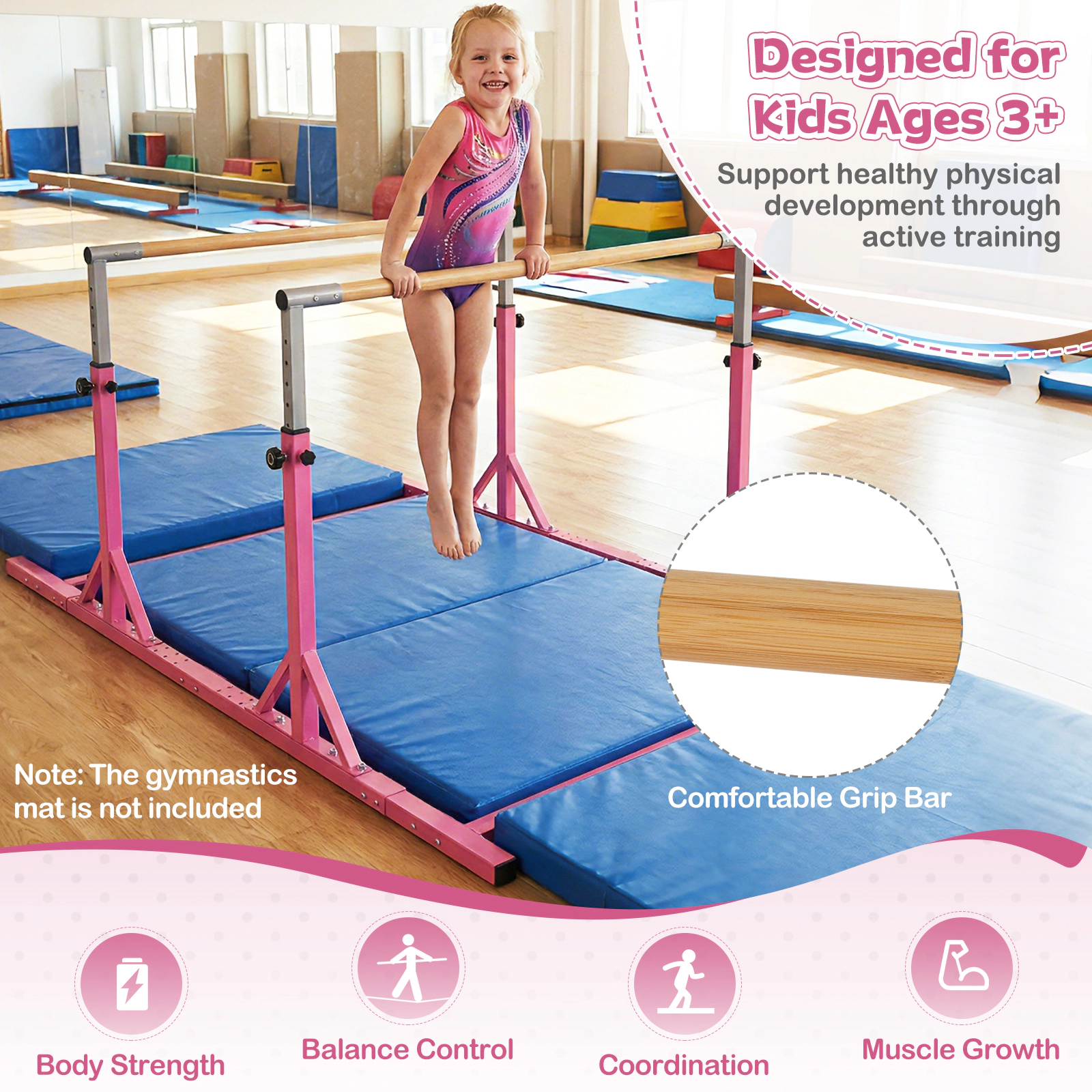 SUGIFT Kids Pink 8-ft Double Gymnastics Bars with 13-Level Height 98.5-in W 52-in D 350-lb Total Capacity