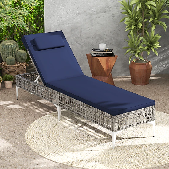 Hivvago Patio Chaise Lounge Chair With 6-Level Adjustable Backrest And Headrest For Poolside-Navy