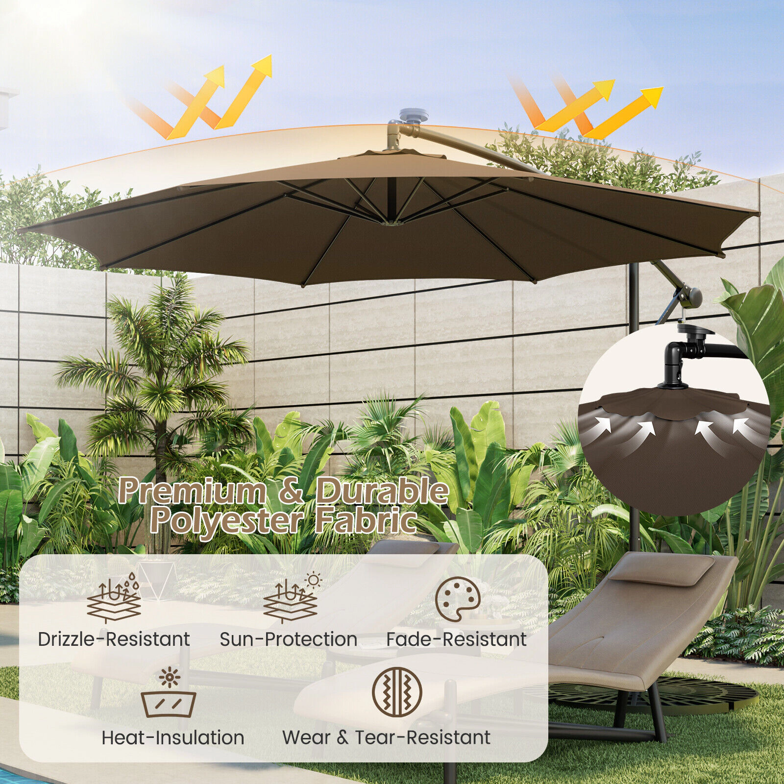 SUGIFT 112 Solar LED Lights and Crank Lift 10 FT Offset Cantilever Patio Umbrella